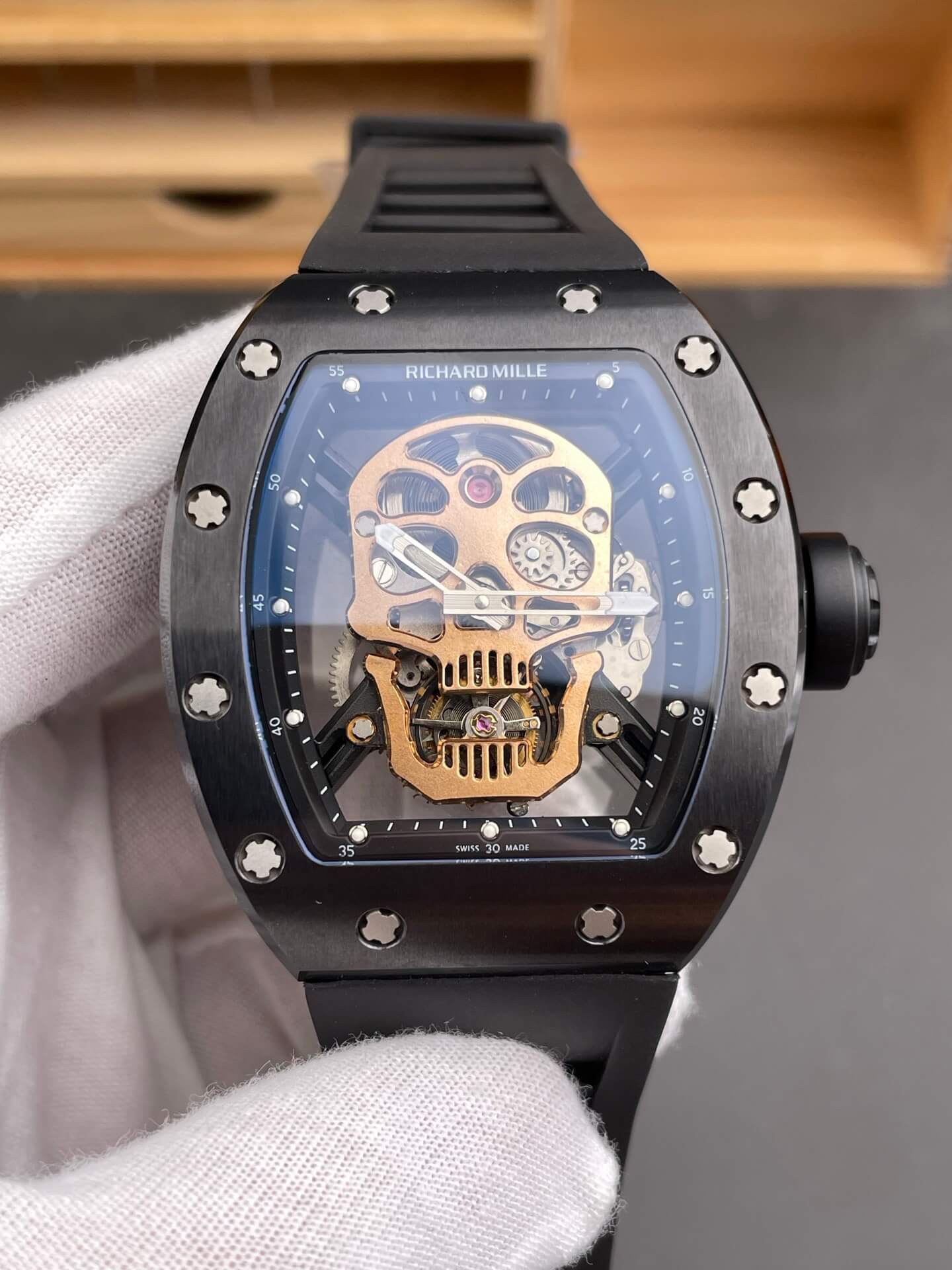 Richard Mille Replica RM 052 Tourbillon Skull Super Clone Watch Rose Gold Dial Black Ceramic Rubber