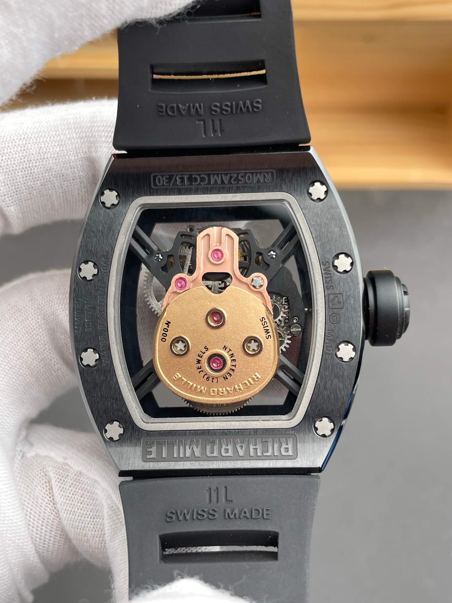 Richard Mille Replica RM 052 Tourbillon Skull Super Clone Watch Rose Gold Dial Black Ceramic Rubber