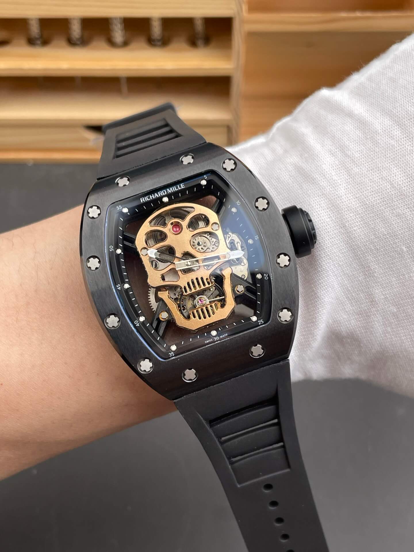 Richard Mille Replica RM 052 Tourbillon Skull Super Clone Watch Rose Gold Dial Black Ceramic Rubber