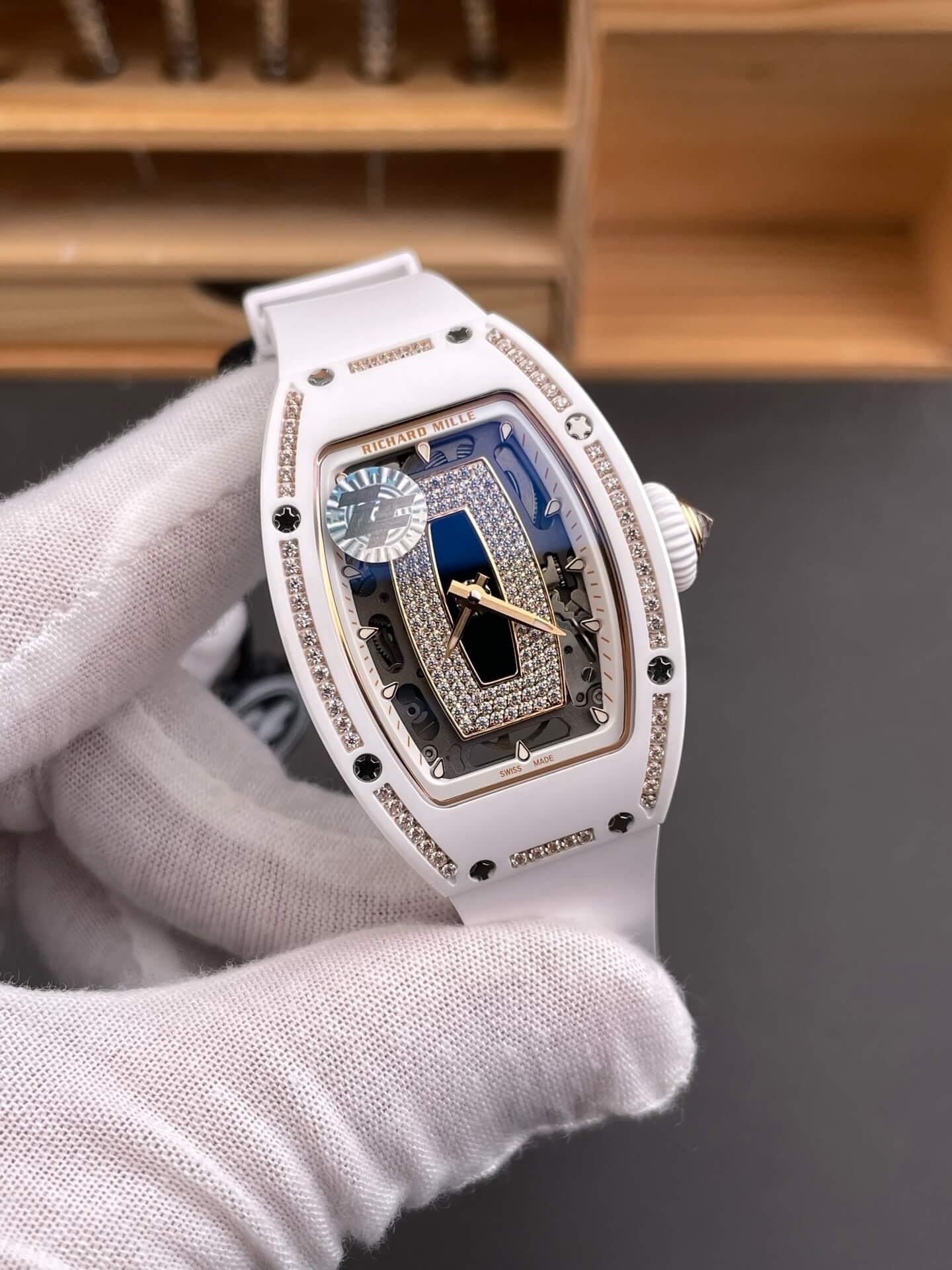 Richard Mille Replica RM 07-01 Super Clone Watch Onyx Diamonds Dial Claw Setting White Ceramic Rubber Crown