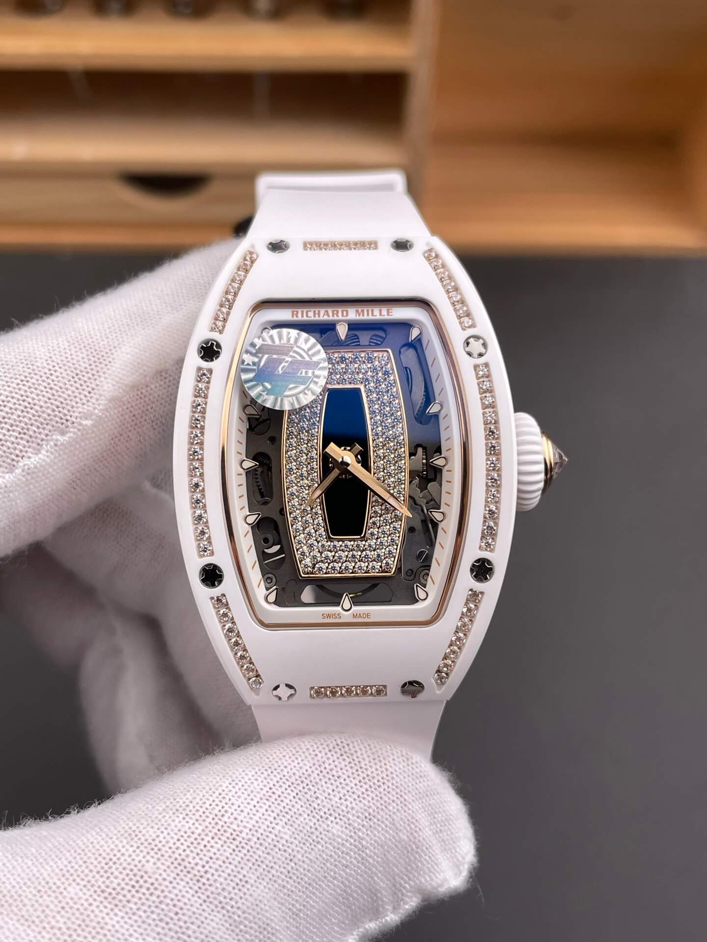 Richard Mille Replica RM 07-01 Super Clone Watch Onyx Diamonds Dial Claw Setting White Ceramic Rubber Crown