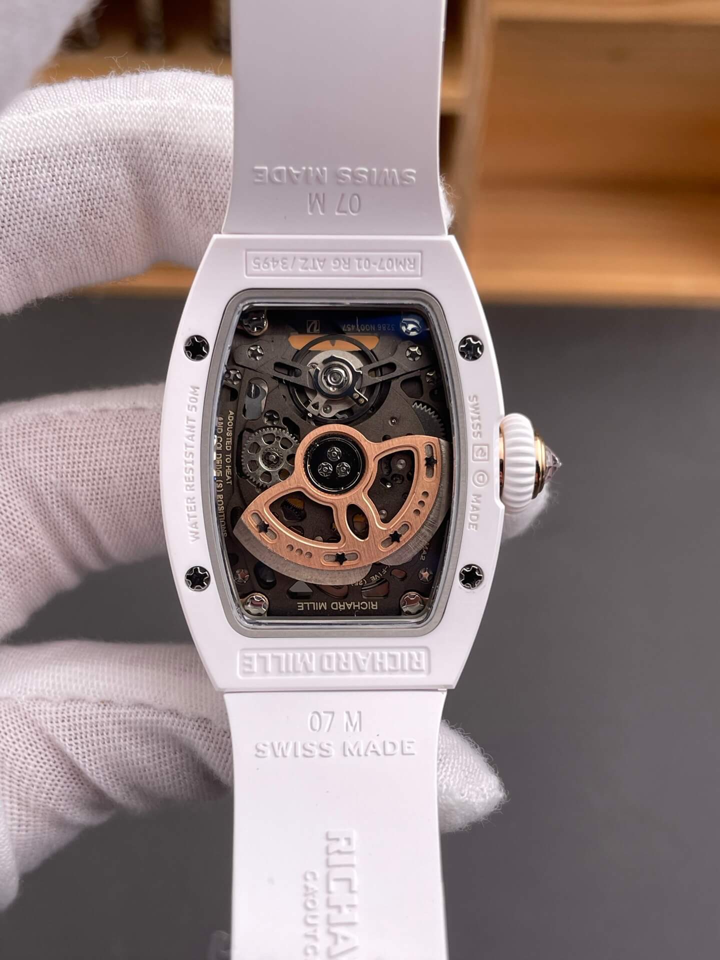 Richard Mille Replica RM 07-01 Super Clone Watch Onyx Diamonds Dial Claw Setting White Ceramic Rubber Crown