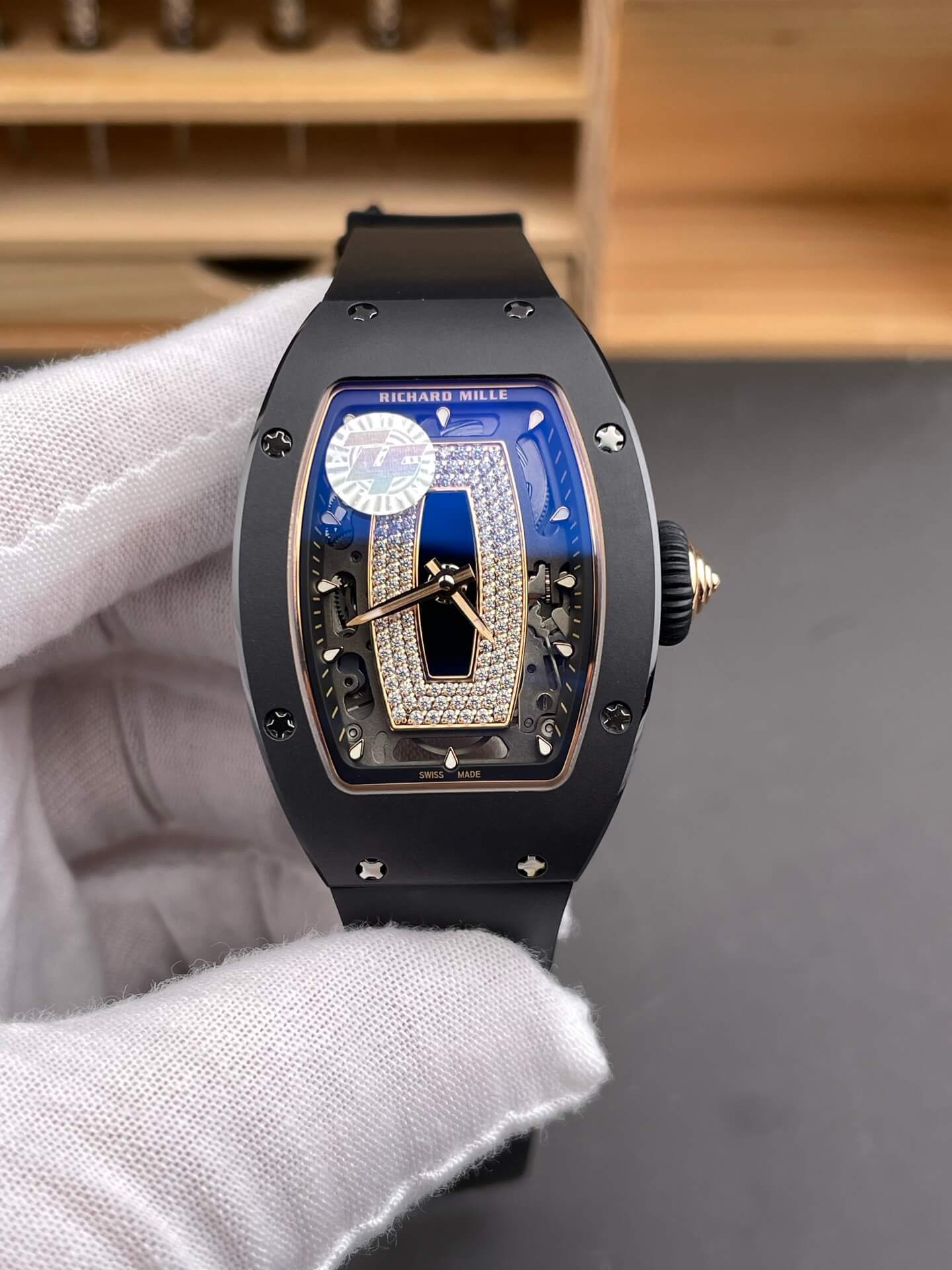 Richard Mille Replica RM 07-01 Super Clone Watch Onyx Diamonds Dial Black Ceramic Rubber Crown