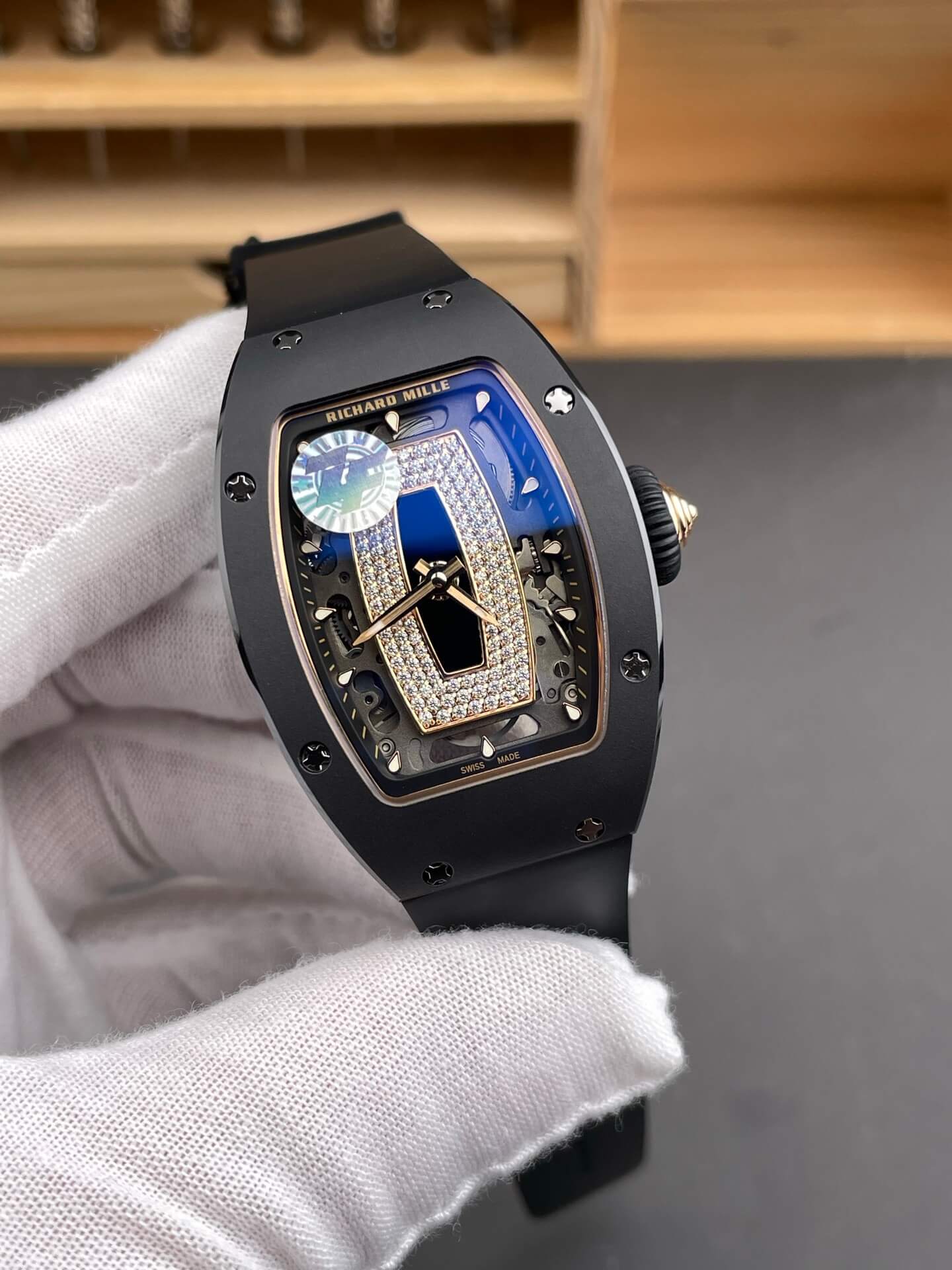 Richard Mille Replica RM 07-01 Super Clone Watch Onyx Diamonds Dial Black Ceramic Rubber Crown