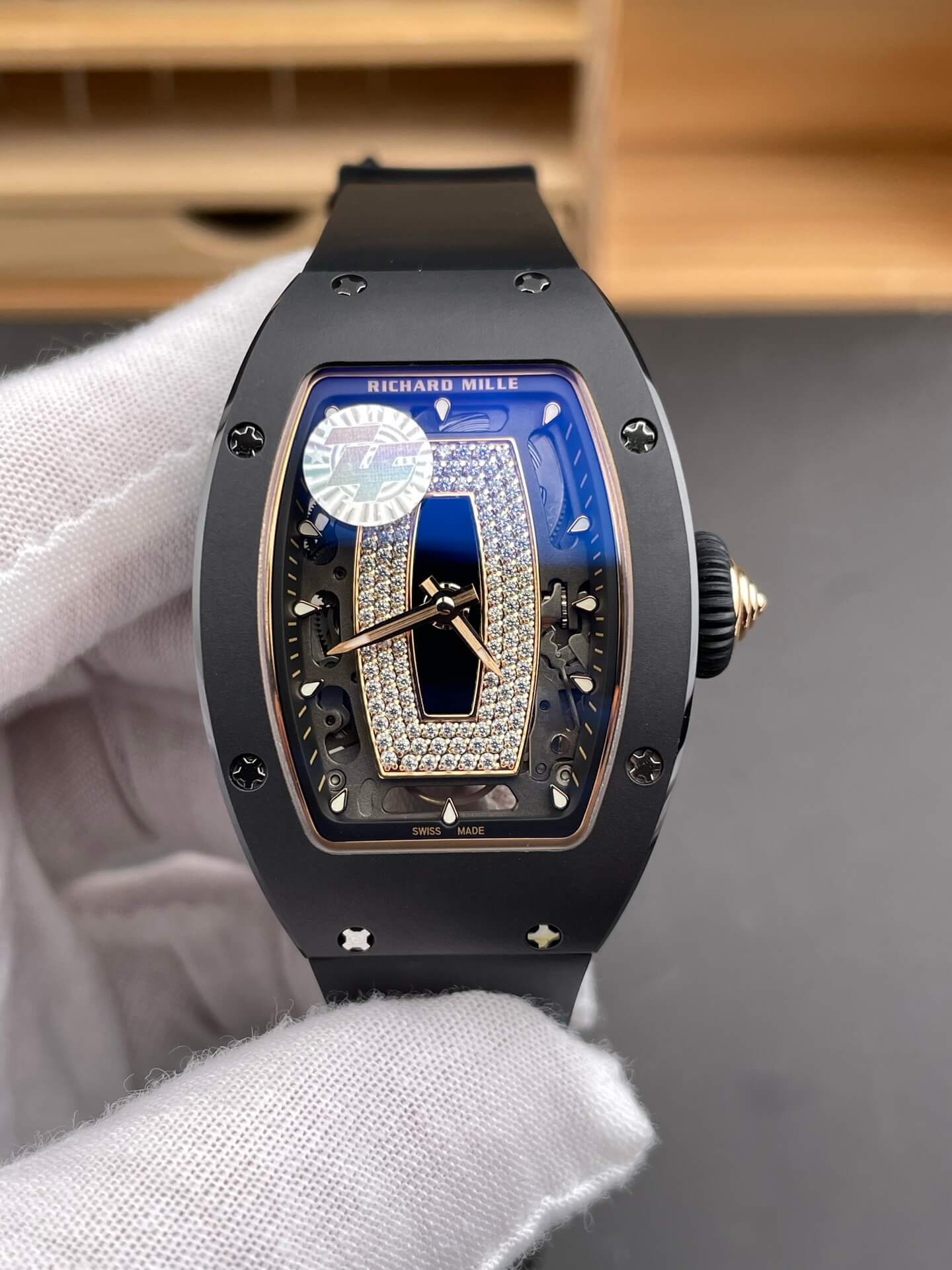 Richard Mille Replica RM 07-01 Super Clone Watch Onyx Diamonds Dial Black Ceramic Rubber Crown