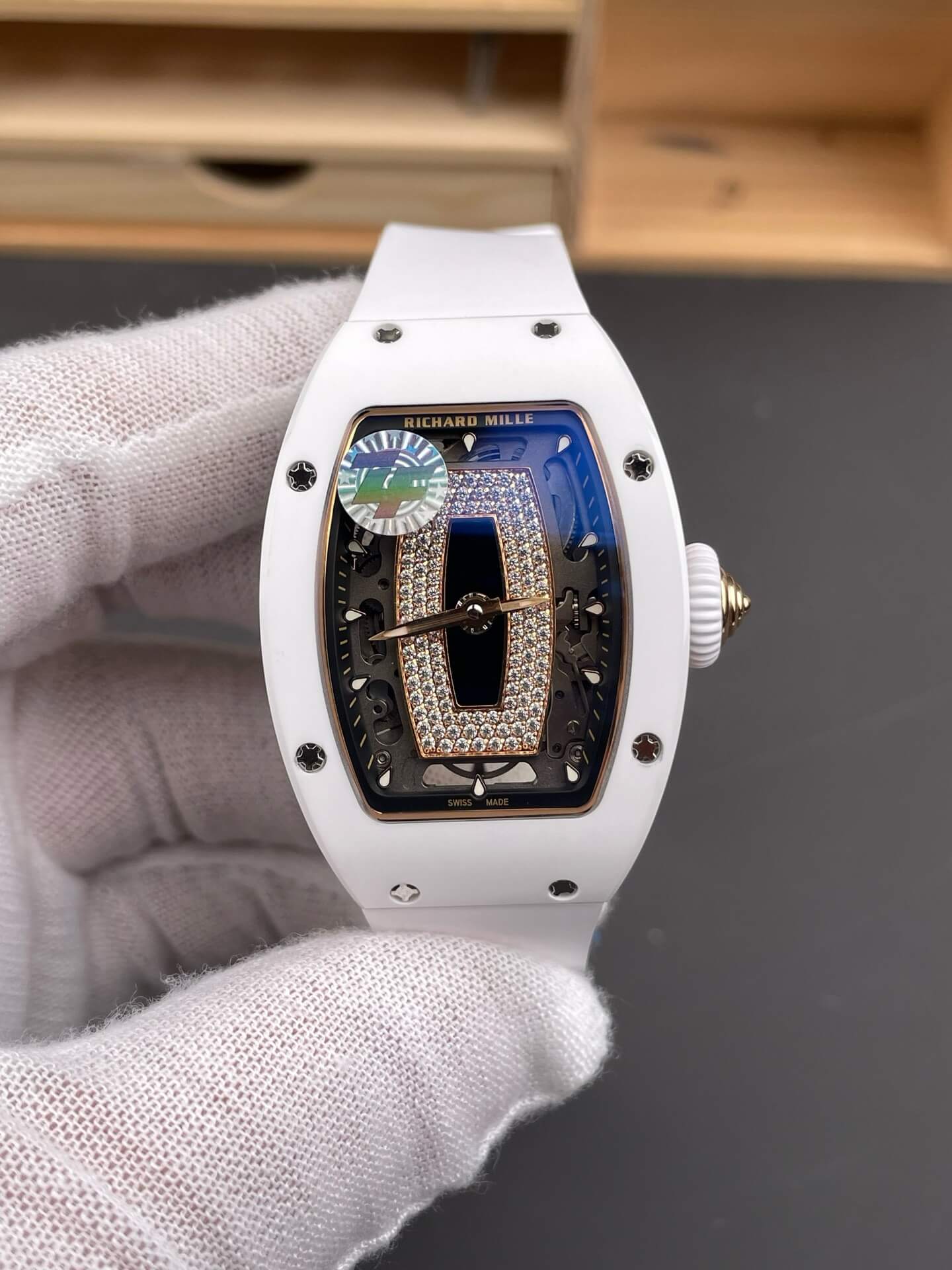Richard Mille Replica RM 07-01 Super Clone Watch Onyx Diamonds Dial White Ceramic Rubber Crown