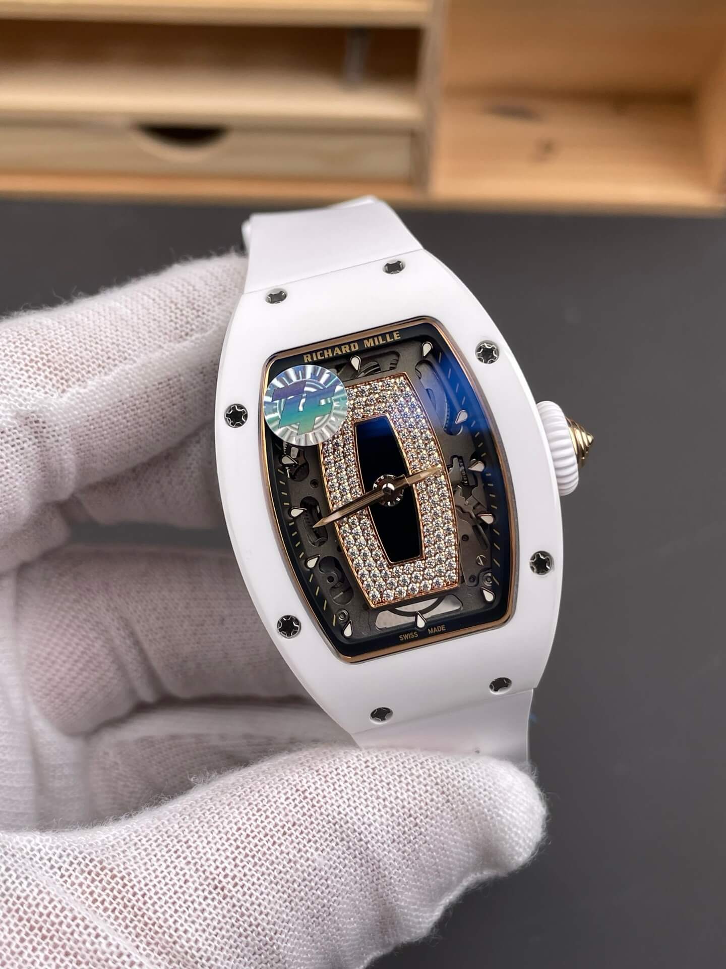 Richard Mille Replica RM 07-01 Super Clone Watch Onyx Diamonds Dial White Ceramic Rubber Crown