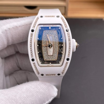 Richard Mille Replica RM 07-01 Super Clone Watch Mother of Pearl Diamonds Dial Claw Setting White Ceramic Rubber Crown