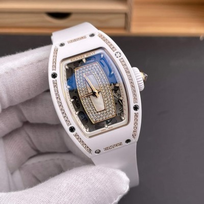 Richard Mille Replica RM 07-01 Super Clone Watch Mother of Pearl Diamonds Dial Claw Setting White Ceramic Rubber Crown