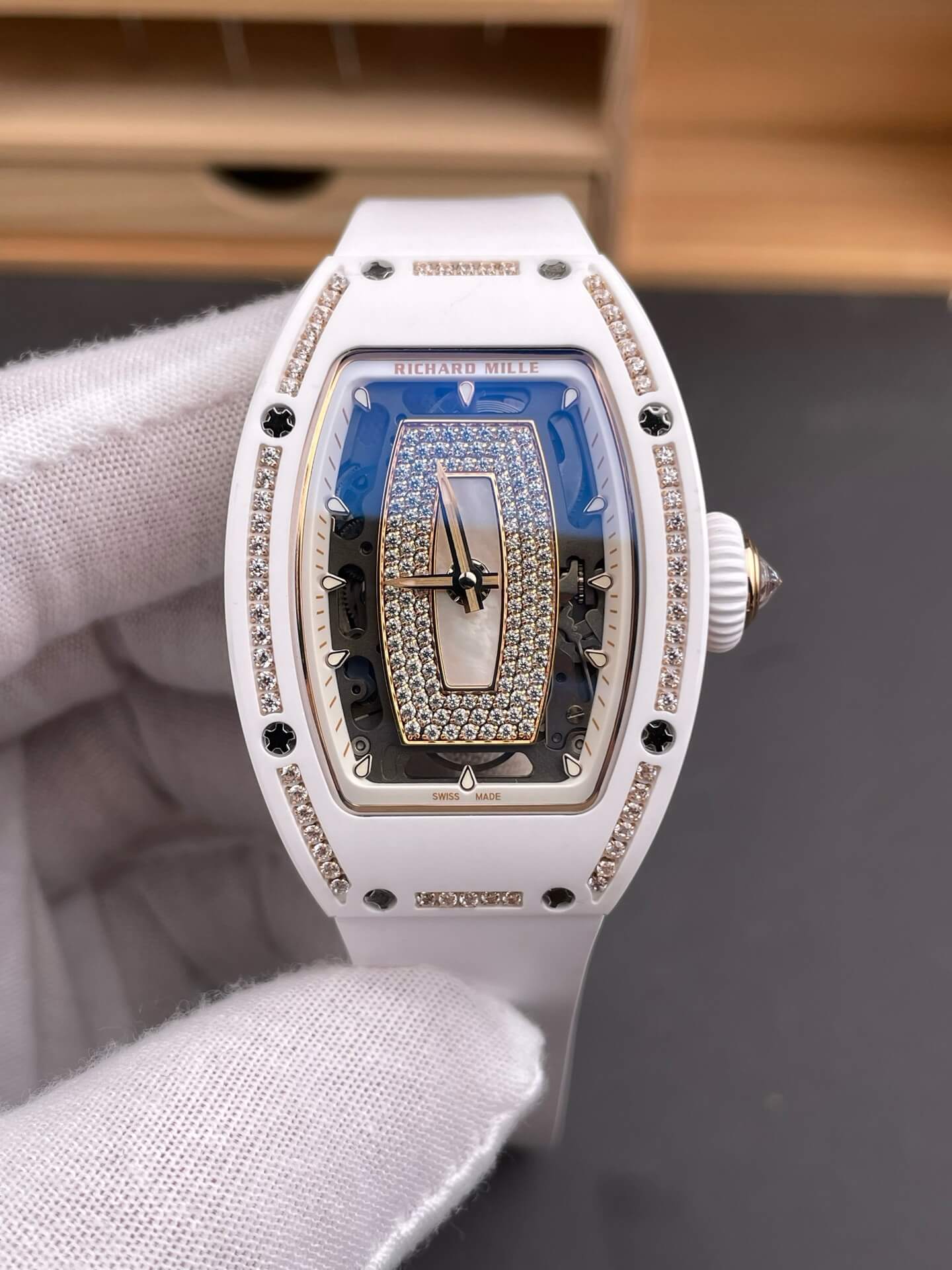 Richard Mille Replica RM 07-01 Super Clone Watch Mother of Pearl Diamonds Dial Claw Setting White Ceramic Rubber Crown