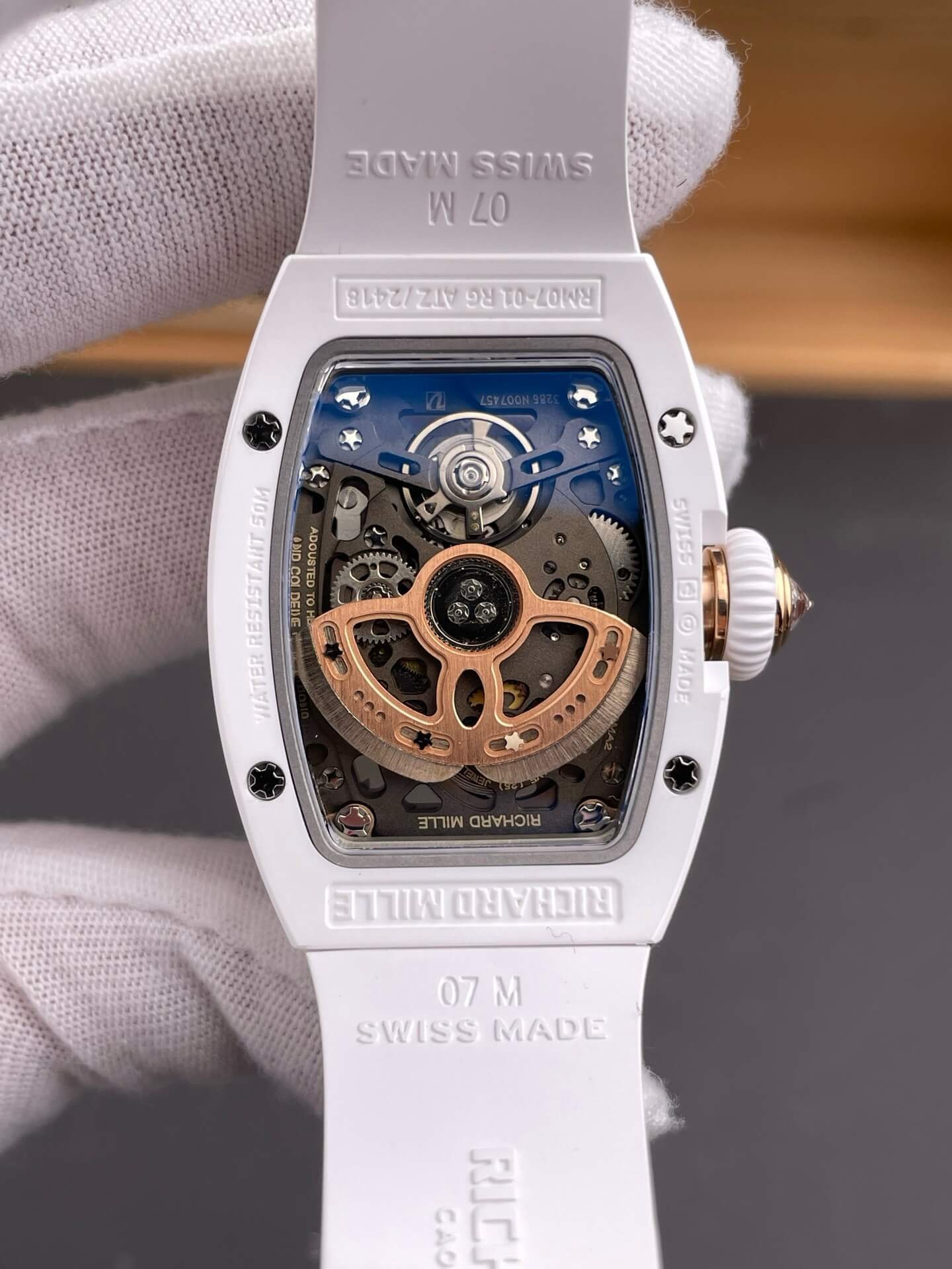 Richard Mille Replica RM 07-01 Super Clone Watch Mother of Pearl Diamonds Dial Claw Setting White Ceramic Rubber Crown
