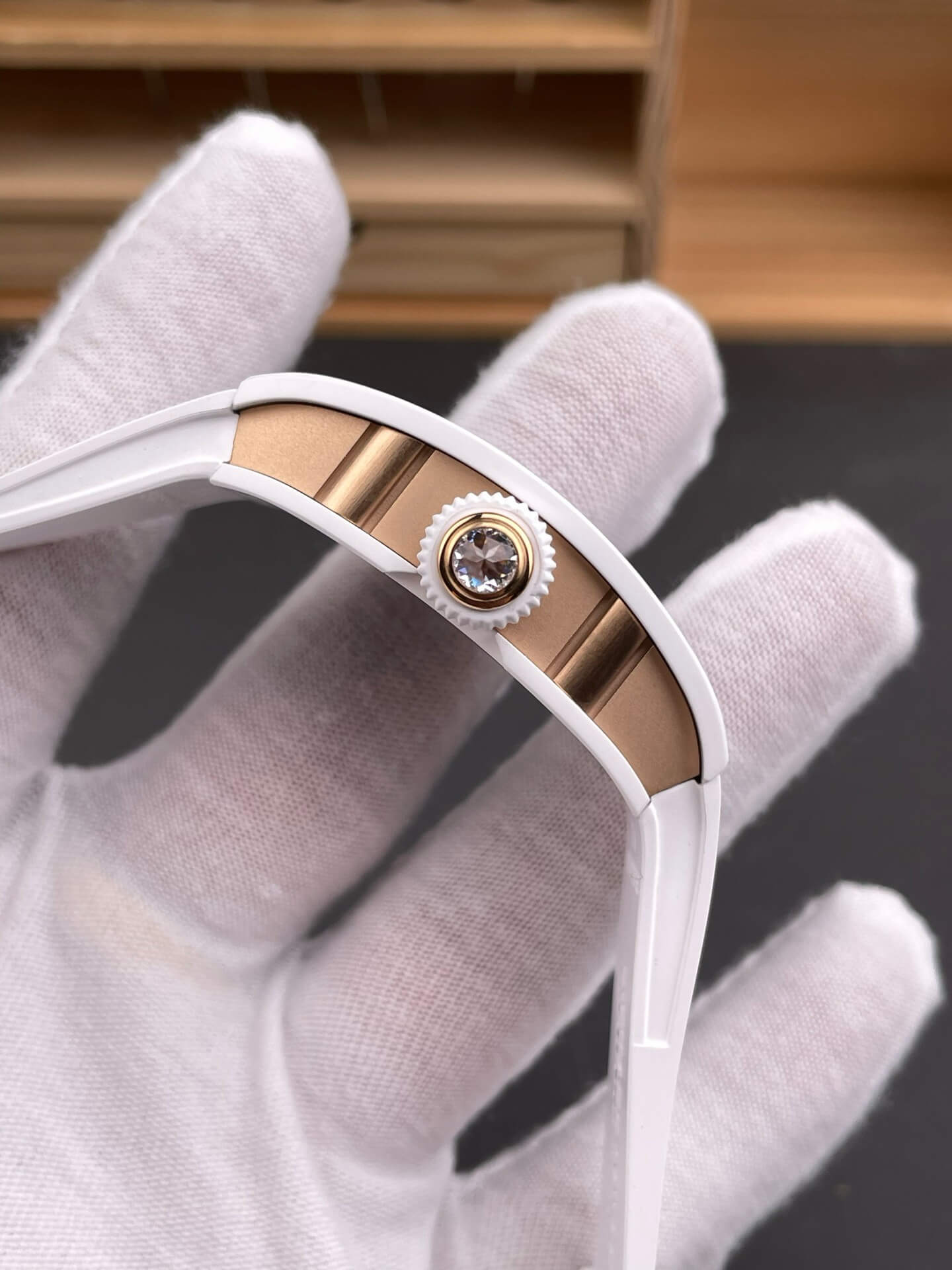 Richard Mille Replica RM 07-01 Super Clone Watch Mother of Pearl Diamonds Dial Claw Setting White Ceramic Rubber Crown