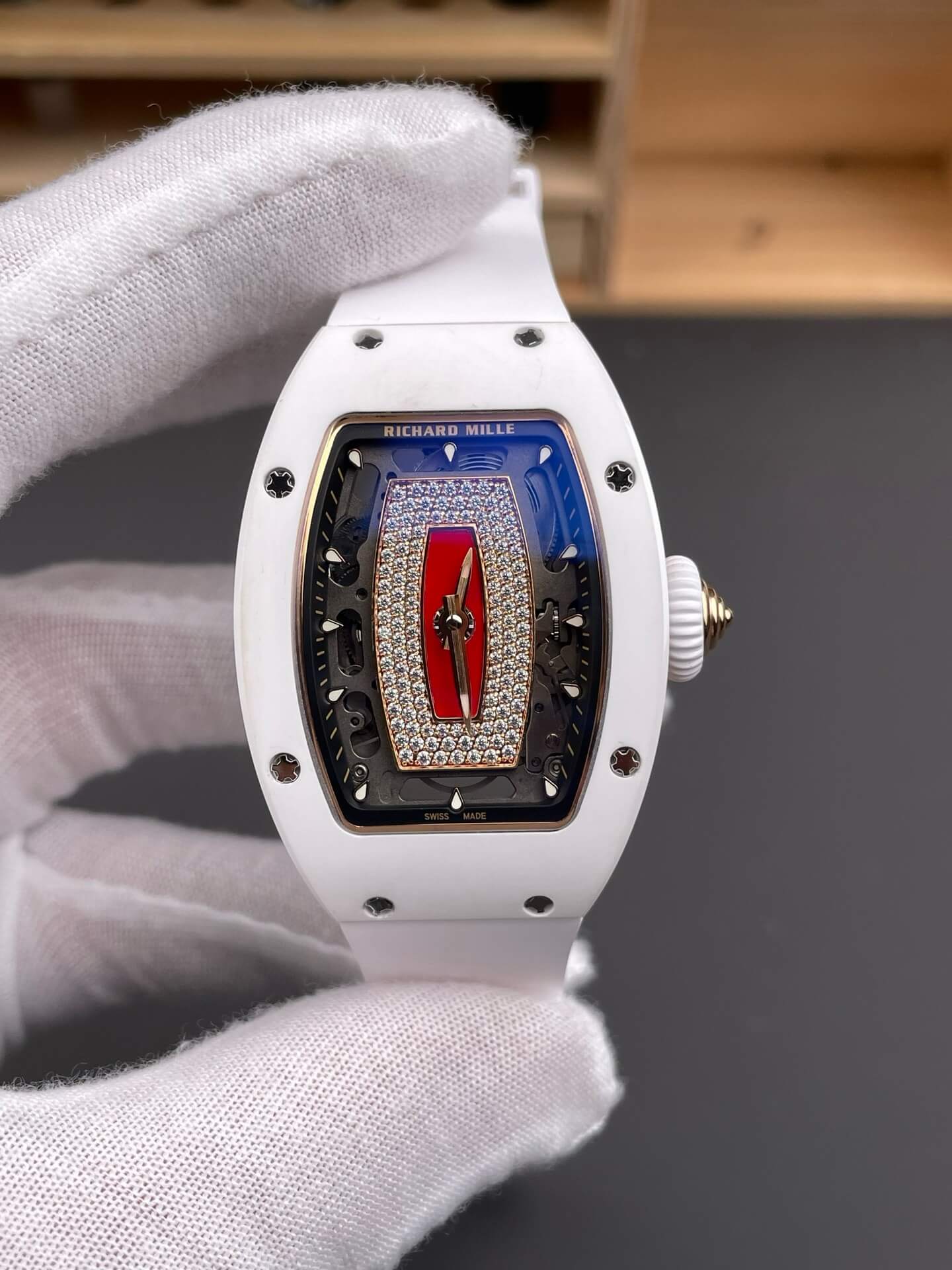 Richard Mille Replica RM 07-01 Super Clone Watch Red Diamonds Dial White Ceramic Rubber Crown