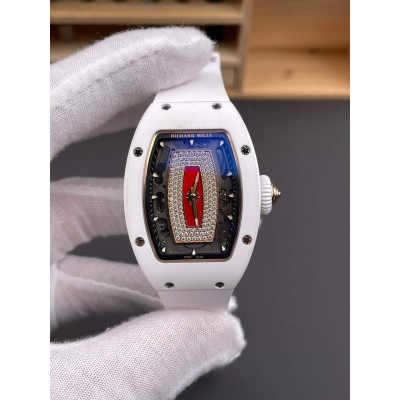 Richard Mille Replica RM 07-01 Super Clone Watch Red Diamonds Dial White Ceramic Rubber Crown