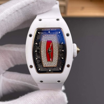 Richard Mille Replica RM 07-01 Super Clone Watch Red Diamonds Dial White Ceramic Rubber Crown