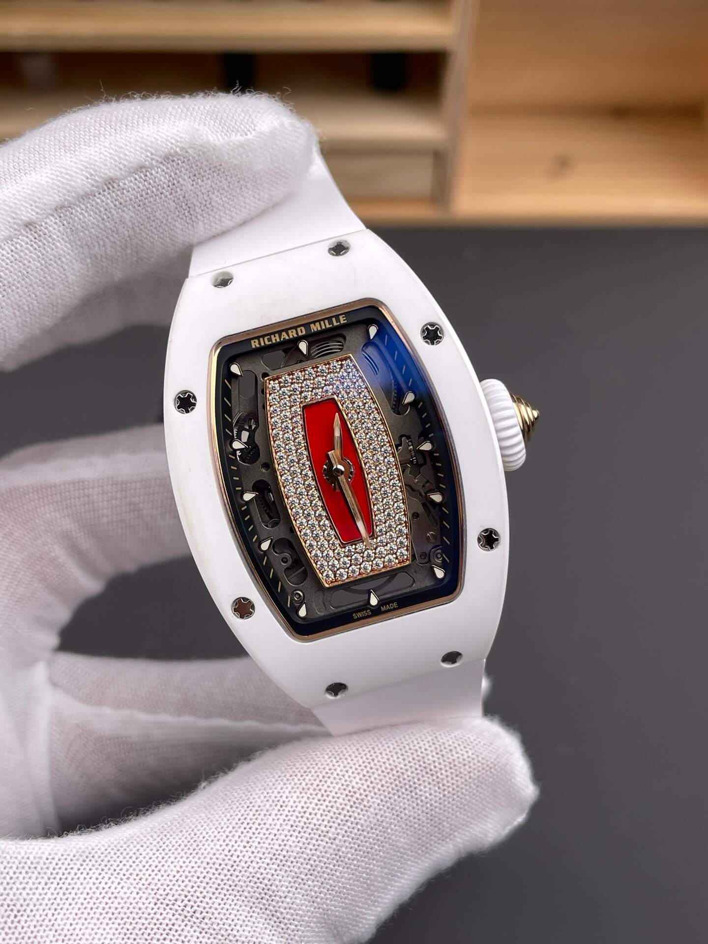 Richard Mille Replica RM 07-01 Super Clone Watch Red Diamonds Dial White Ceramic Rubber Crown