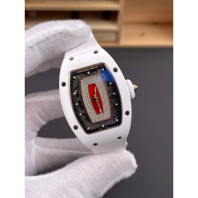 Richard Mille Replica RM 07-01 Super Clone Watch Red Diamonds Dial White Ceramic Rubber Crown