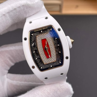 Richard Mille Replica RM 07-01 Super Clone Watch Red Diamonds Dial White Ceramic Rubber Crown