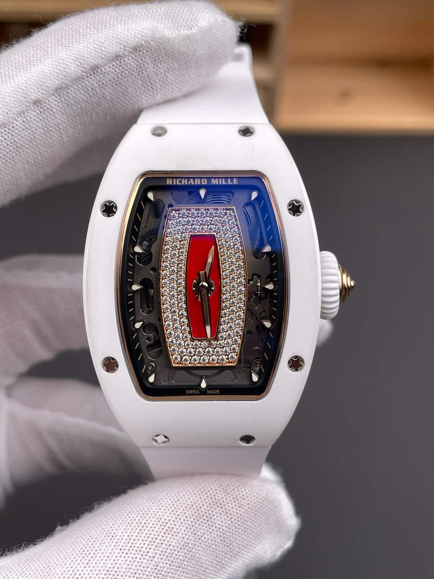 Richard Mille Replica RM 07-01 Super Clone Watch Red Diamonds Dial White Ceramic Rubber Crown