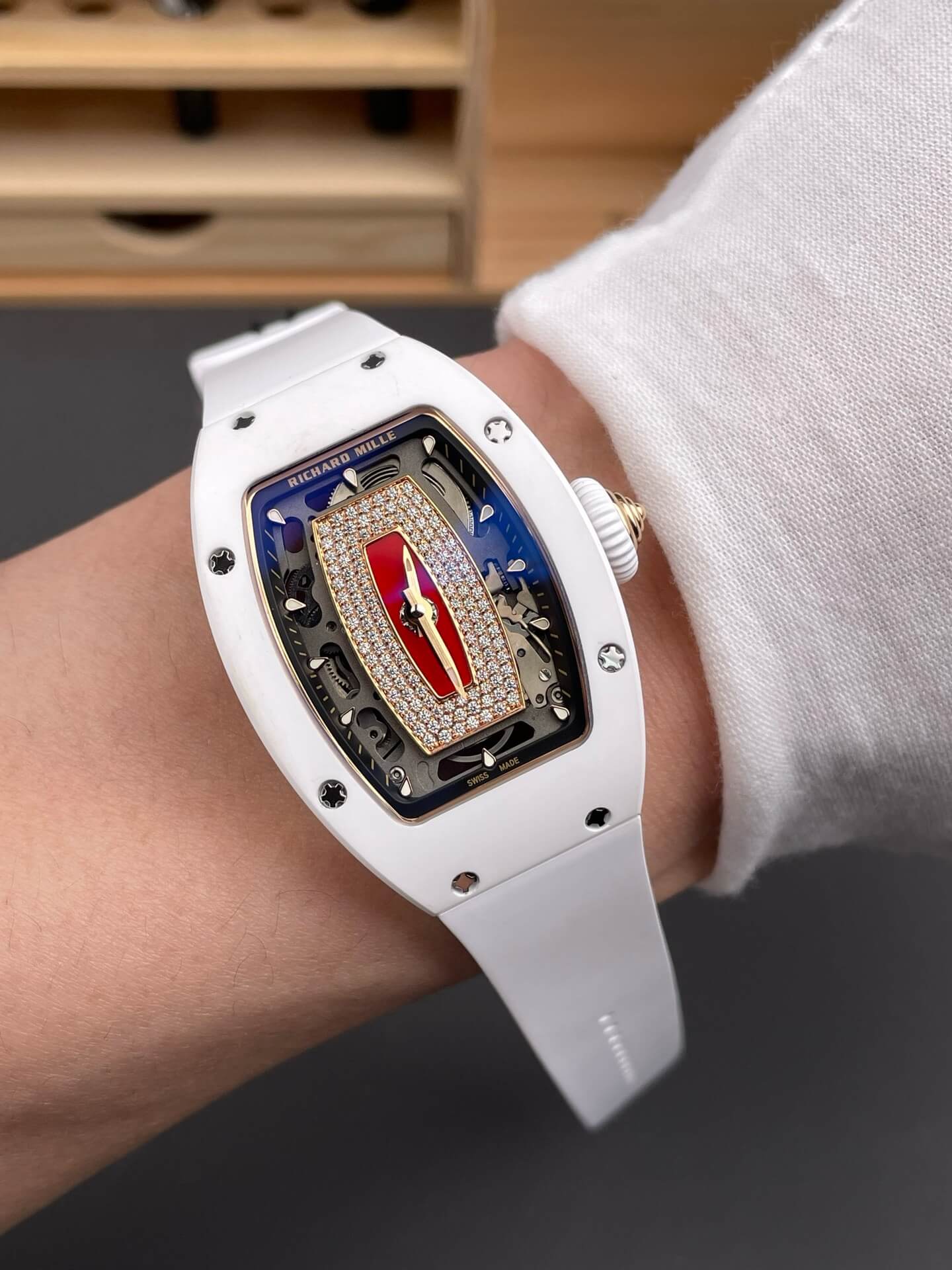 Richard Mille Replica RM 07-01 Super Clone Watch Red Diamonds Dial White Ceramic Rubber Crown