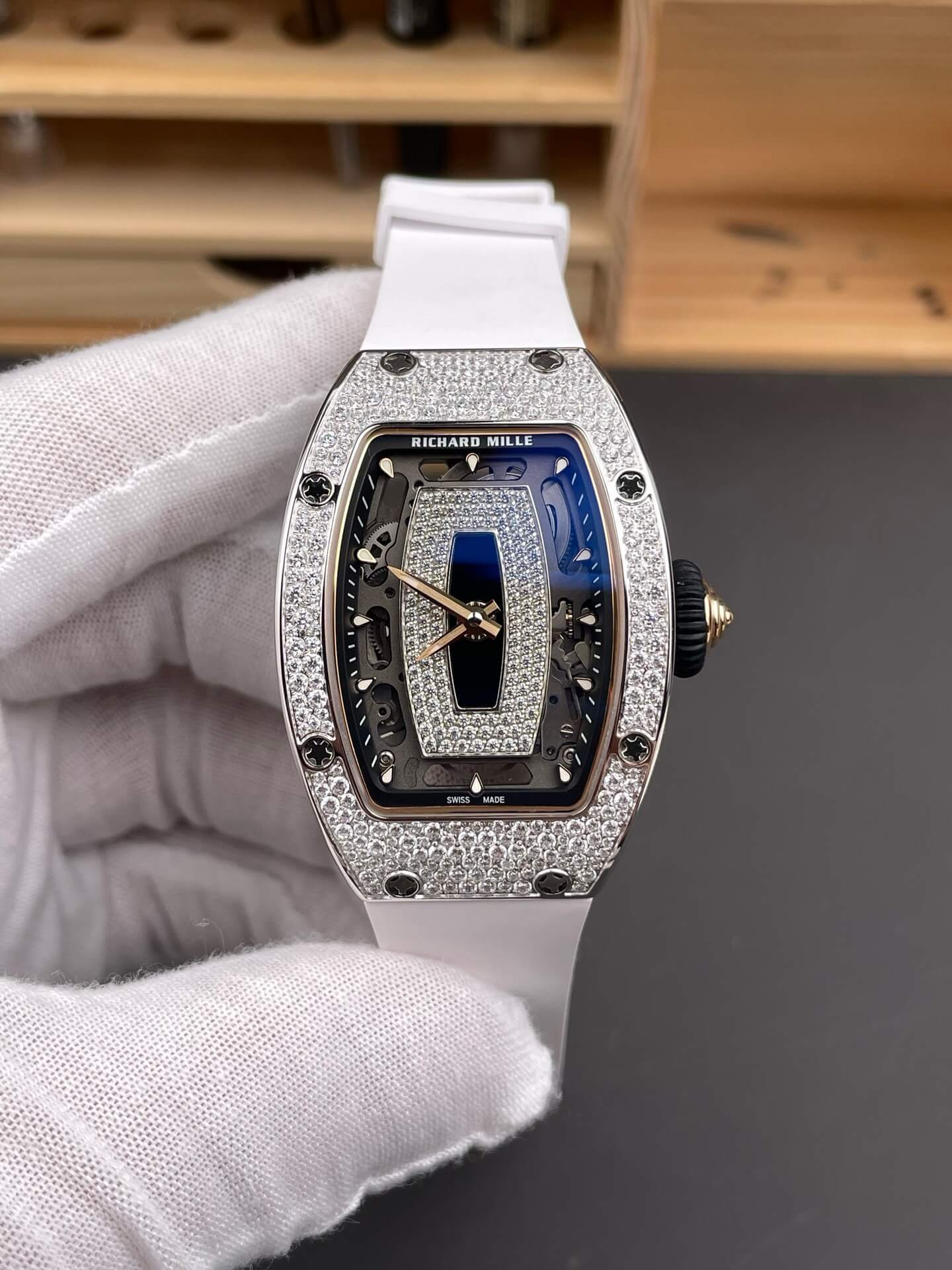 Richard Mille Replica RM 07-01 Super Clone Watch Onyx Diamonds Dial Snow Setting Stainless Steel White Rubber Black Crown