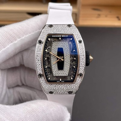 Richard Mille Replica RM 07-01 Super Clone Watch Onyx Diamonds Dial Snow Setting Stainless Steel White Rubber Black Crown