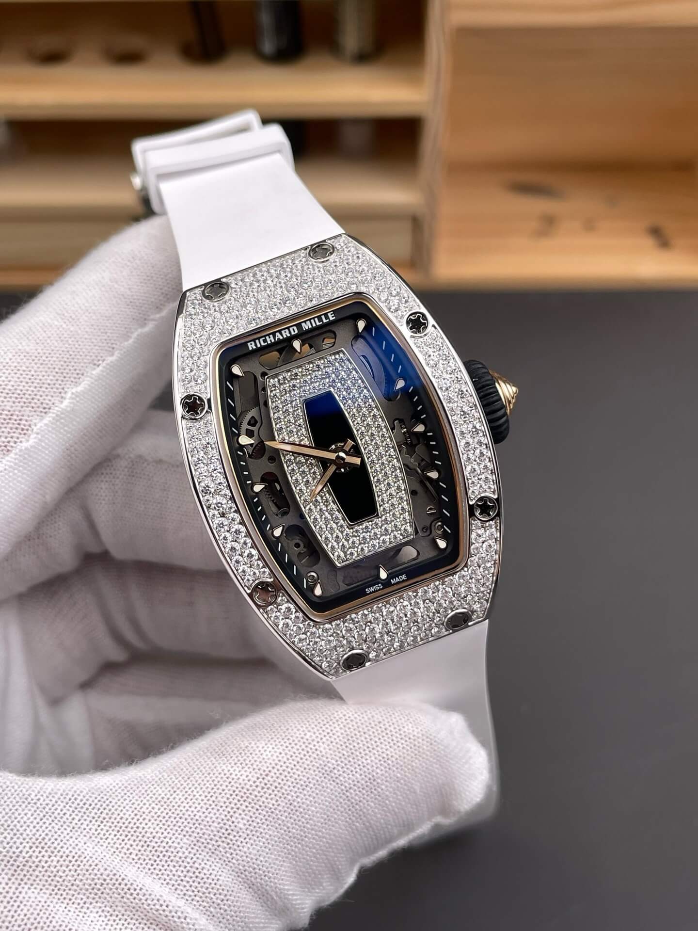 Richard Mille Replica RM 07-01 Super Clone Watch Onyx Diamonds Dial Snow Setting Stainless Steel White Rubber Black Crown