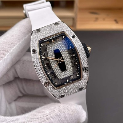 Richard Mille Replica RM 07-01 Super Clone Watch Onyx Diamonds Dial Snow Setting Stainless Steel White Rubber Black Crown
