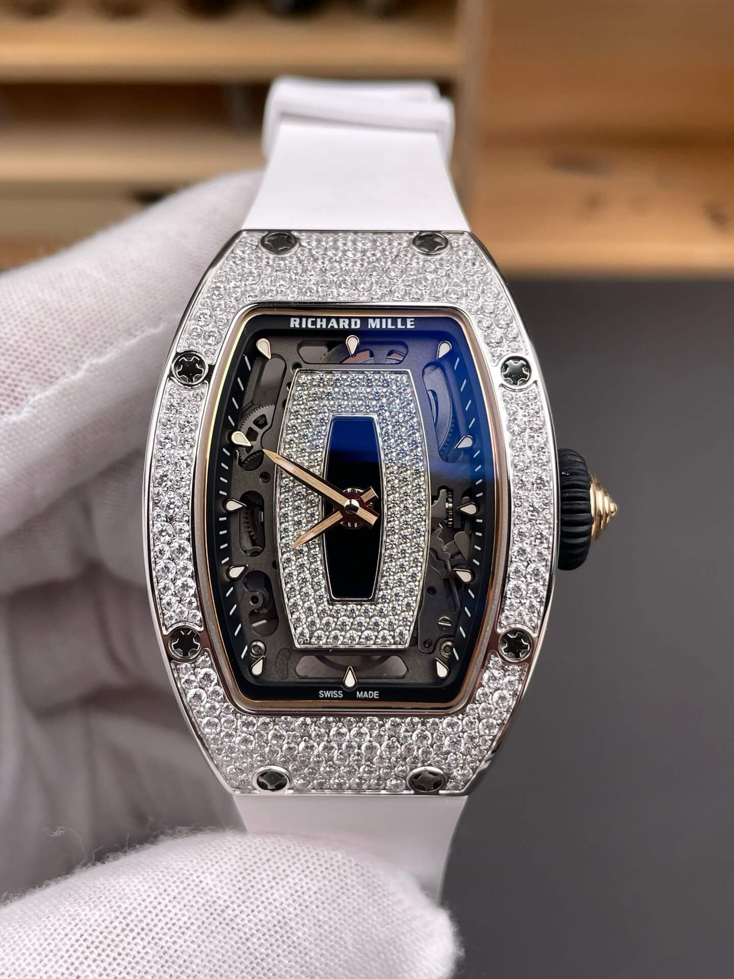 Richard Mille Replica RM 07-01 Super Clone Watch Onyx Diamonds Dial Snow Setting Stainless Steel White Rubber Black Crown