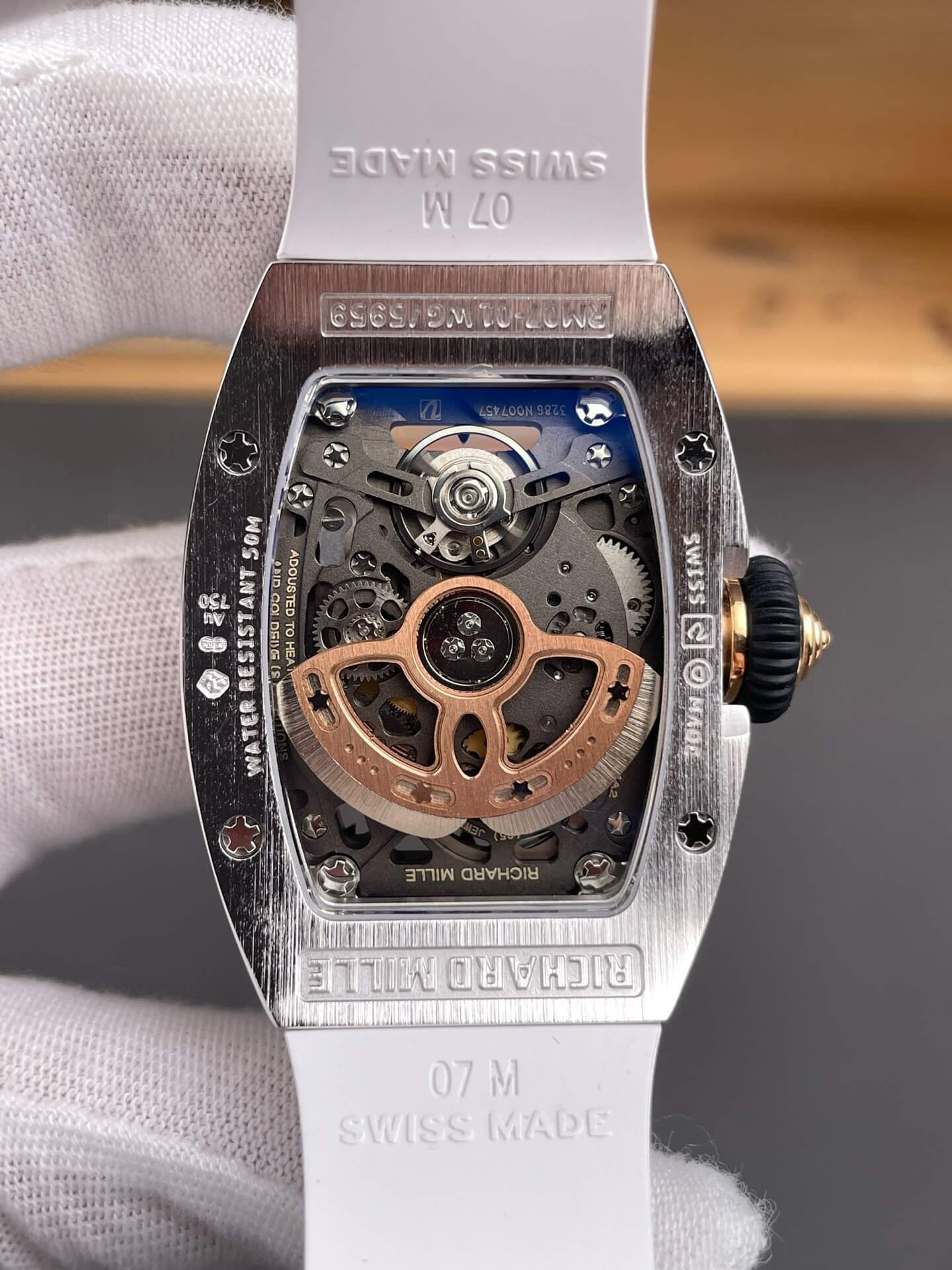 Richard Mille Replica RM 07-01 Super Clone Watch Onyx Diamonds Dial Snow Setting Stainless Steel White Rubber Black Crown