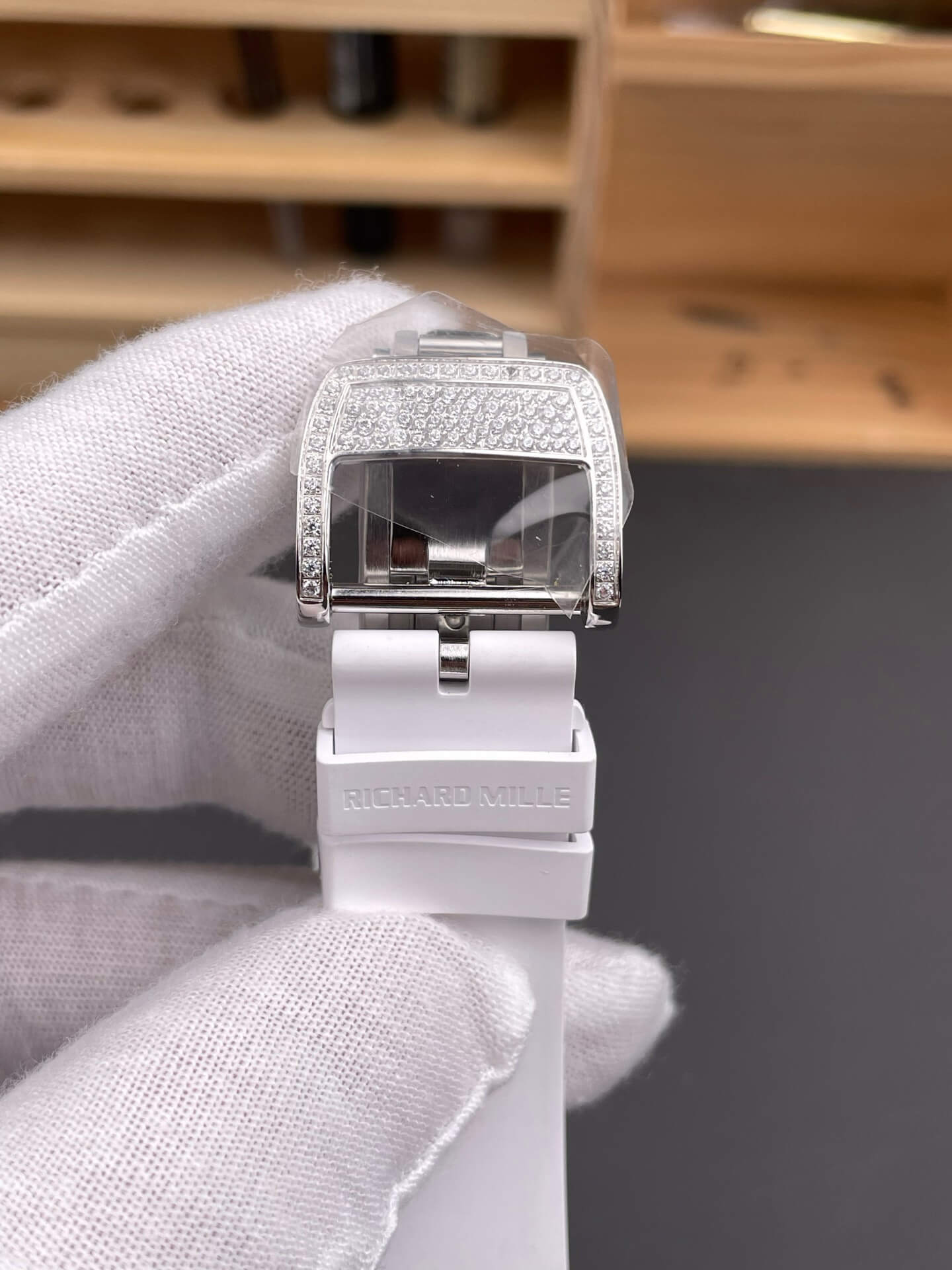 Richard Mille Replica RM 07-01 Super Clone Watch Onyx Diamonds Dial Snow Setting Stainless Steel White Rubber Black Crown