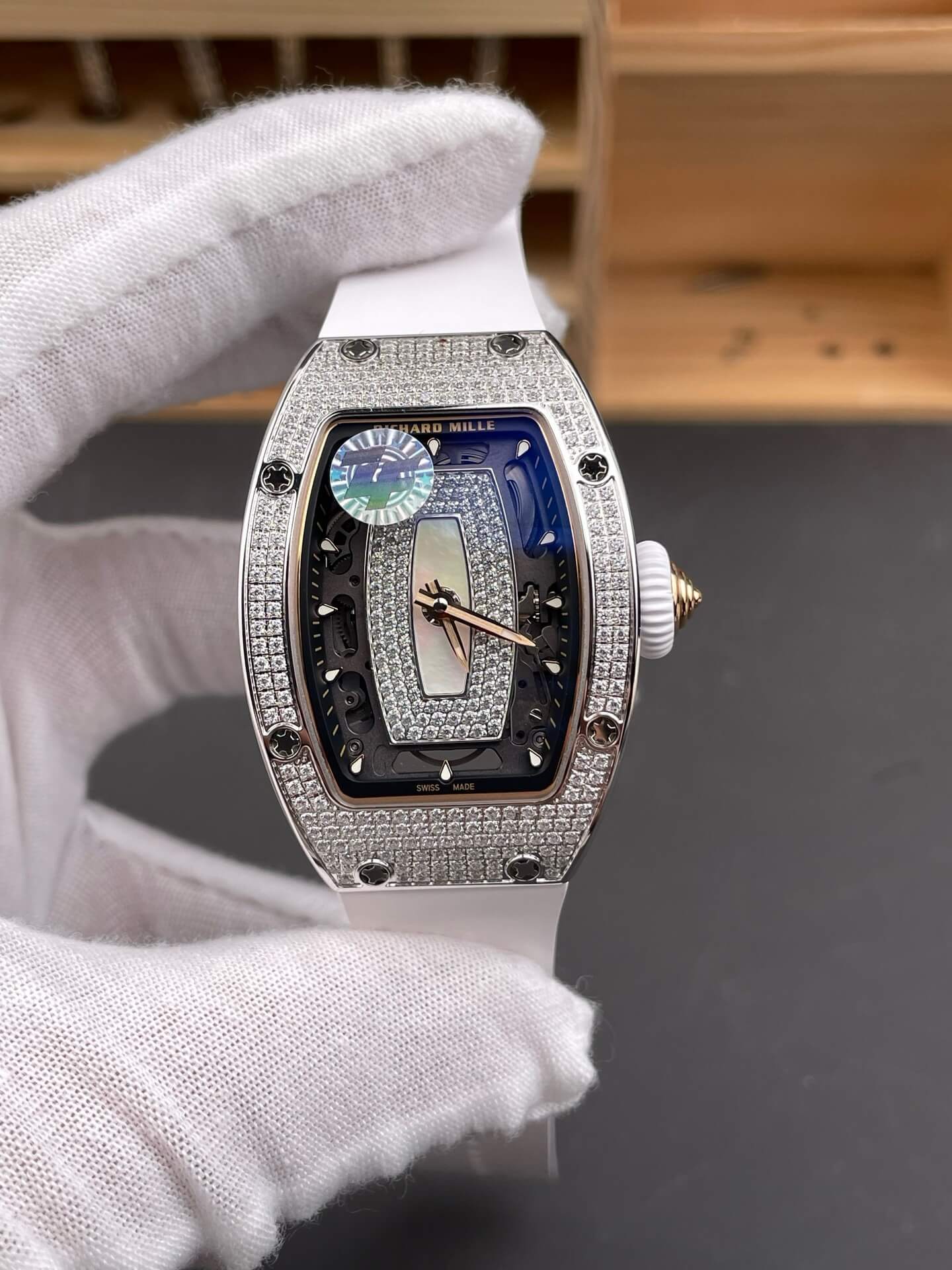 Richard Mille Replica RM 07-01 Super Clone Watch Mother of Pearl Diamonds Dial Close Setting Stainless Steel White Rubber Crown