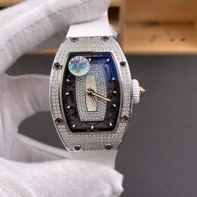 Richard Mille Replica RM 07-01 Super Clone Watch Mother of Pearl Diamonds Dial Close Setting Stainless Steel White Rubber Crown