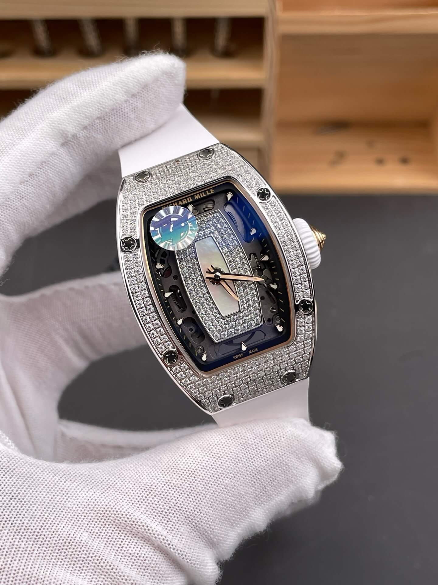 Richard Mille Replica RM 07-01 Super Clone Watch Mother of Pearl Diamonds Dial Close Setting Stainless Steel White Rubber Crown