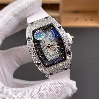Richard Mille Replica RM 07-01 Super Clone Watch Mother of Pearl Diamonds Dial Close Setting Stainless Steel White Rubber Crown