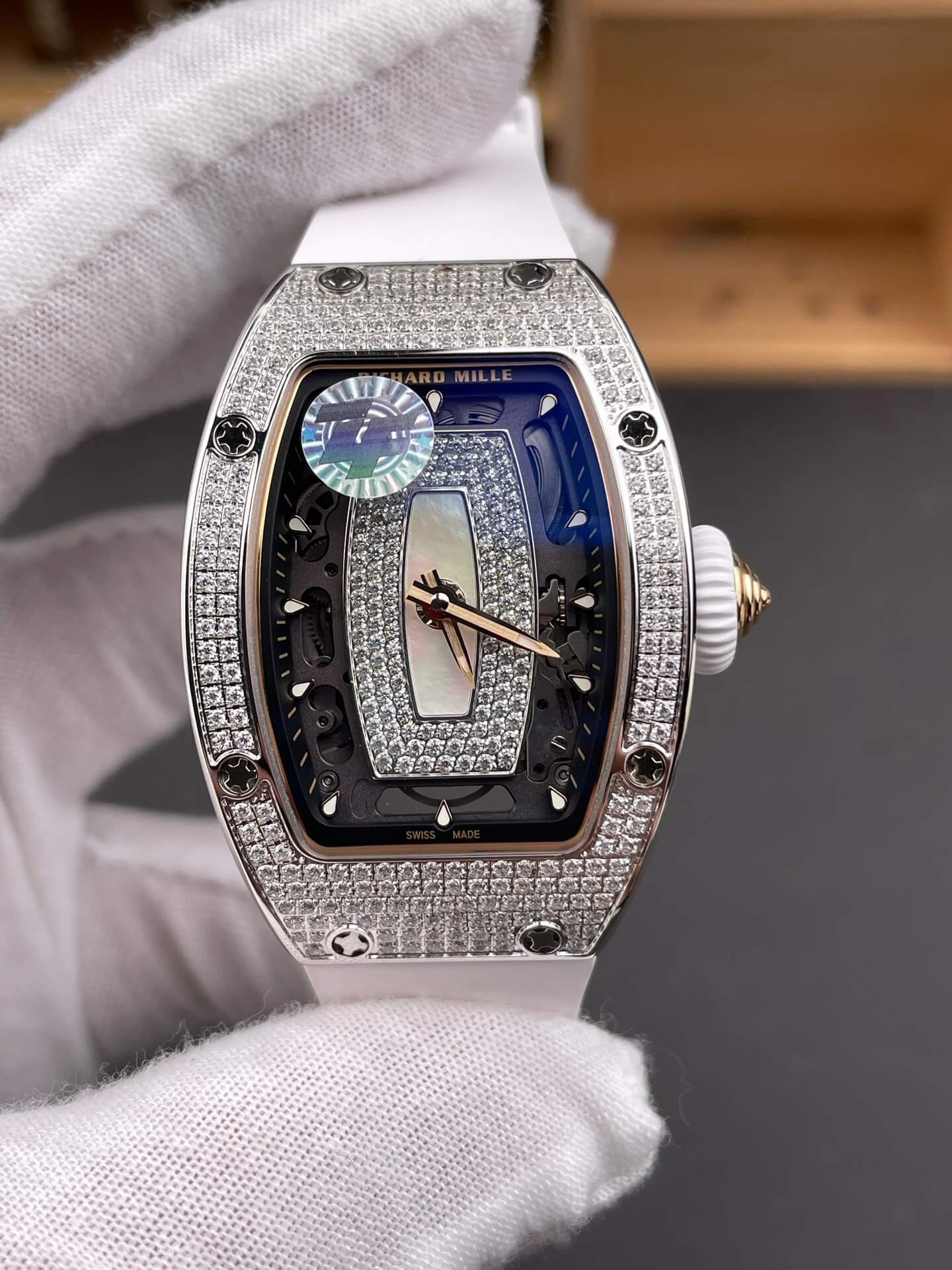 Richard Mille Replica RM 07-01 Super Clone Watch Mother of Pearl Diamonds Dial Close Setting Stainless Steel White Rubber Crown