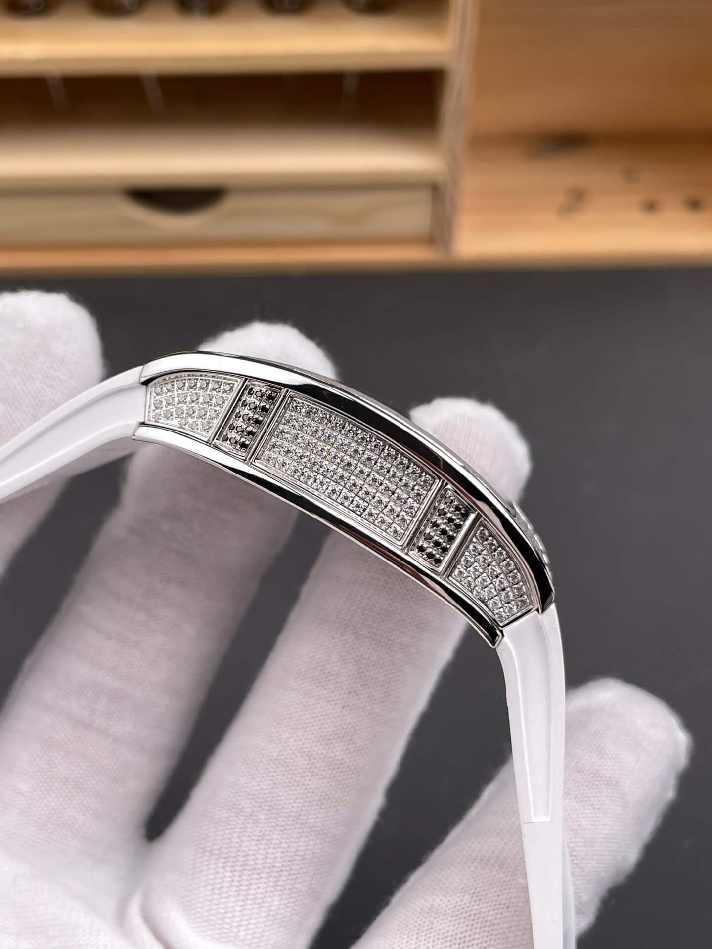 Richard Mille Replica RM 07-01 Super Clone Watch Mother of Pearl Diamonds Dial Close Setting Stainless Steel White Rubber Crown