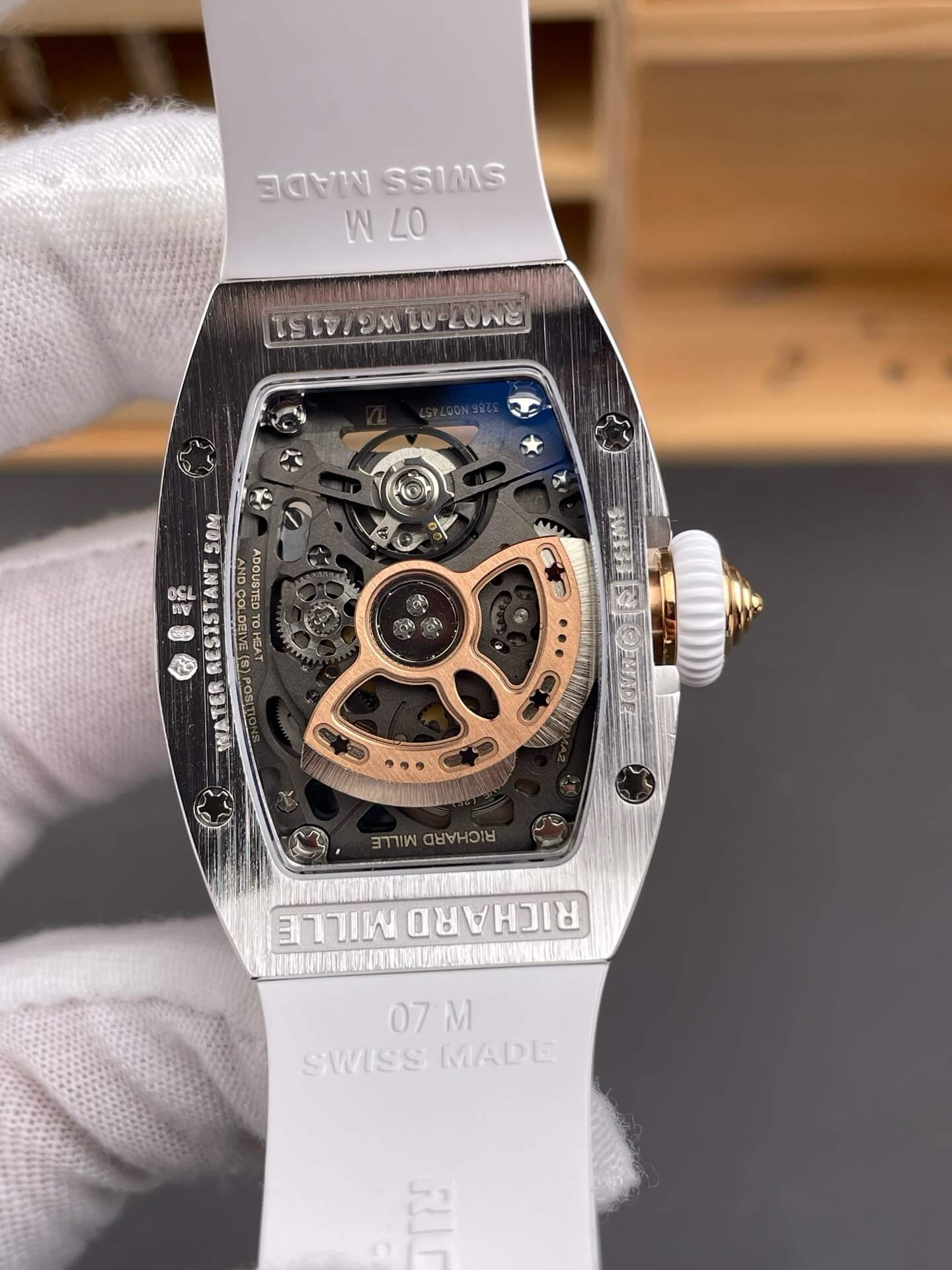 Richard Mille Replica RM 07-01 Super Clone Watch Mother of Pearl Diamonds Dial Close Setting Stainless Steel White Rubber Crown