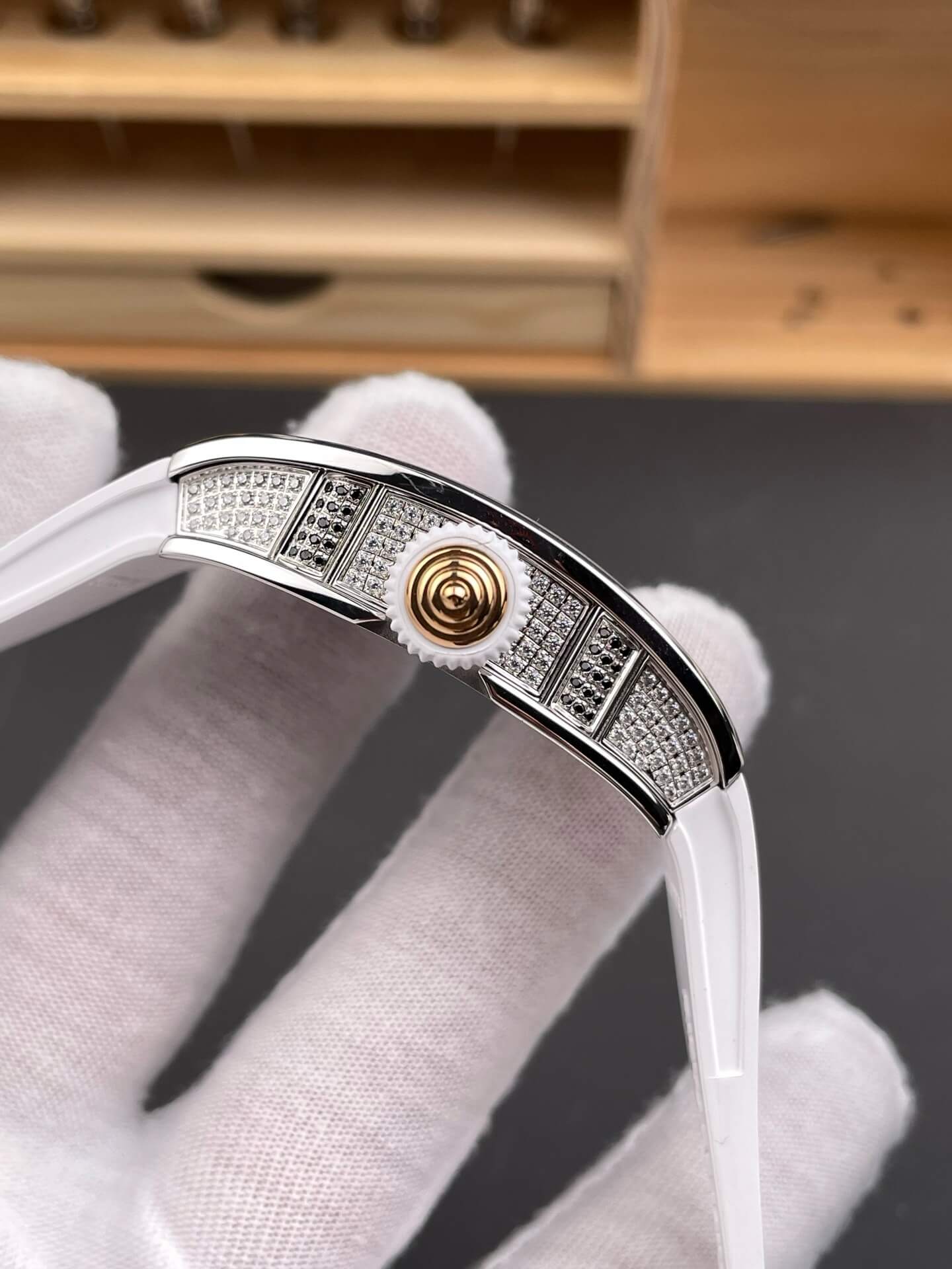 Richard Mille Replica RM 07-01 Super Clone Watch Mother of Pearl Diamonds Dial Close Setting Stainless Steel White Rubber Crown