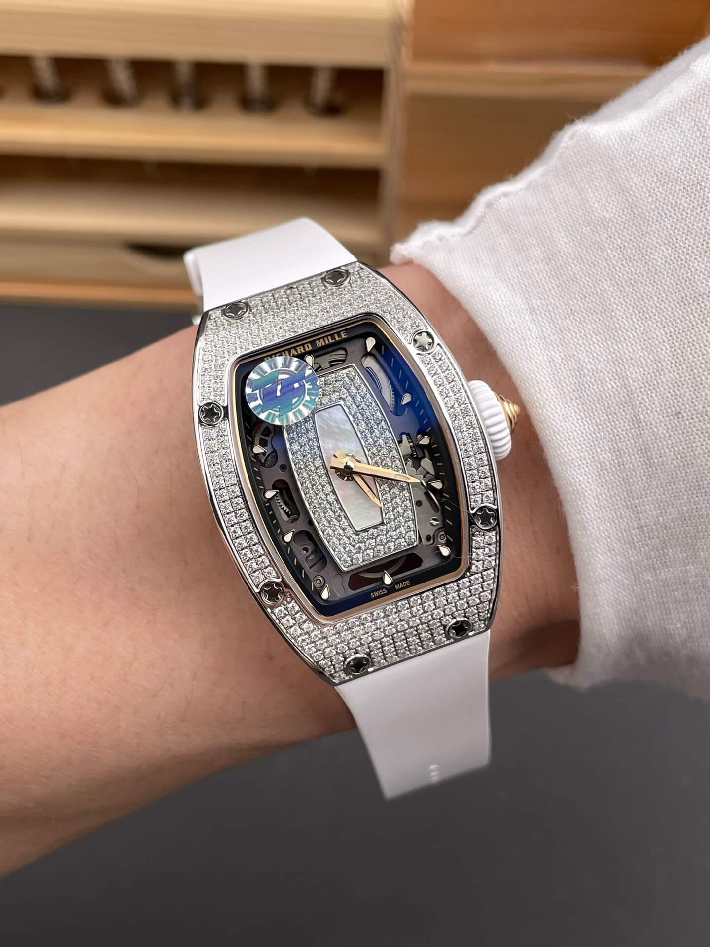Richard Mille Replica RM 07-01 Super Clone Watch Mother of Pearl Diamonds Dial Close Setting Stainless Steel White Rubber Crown