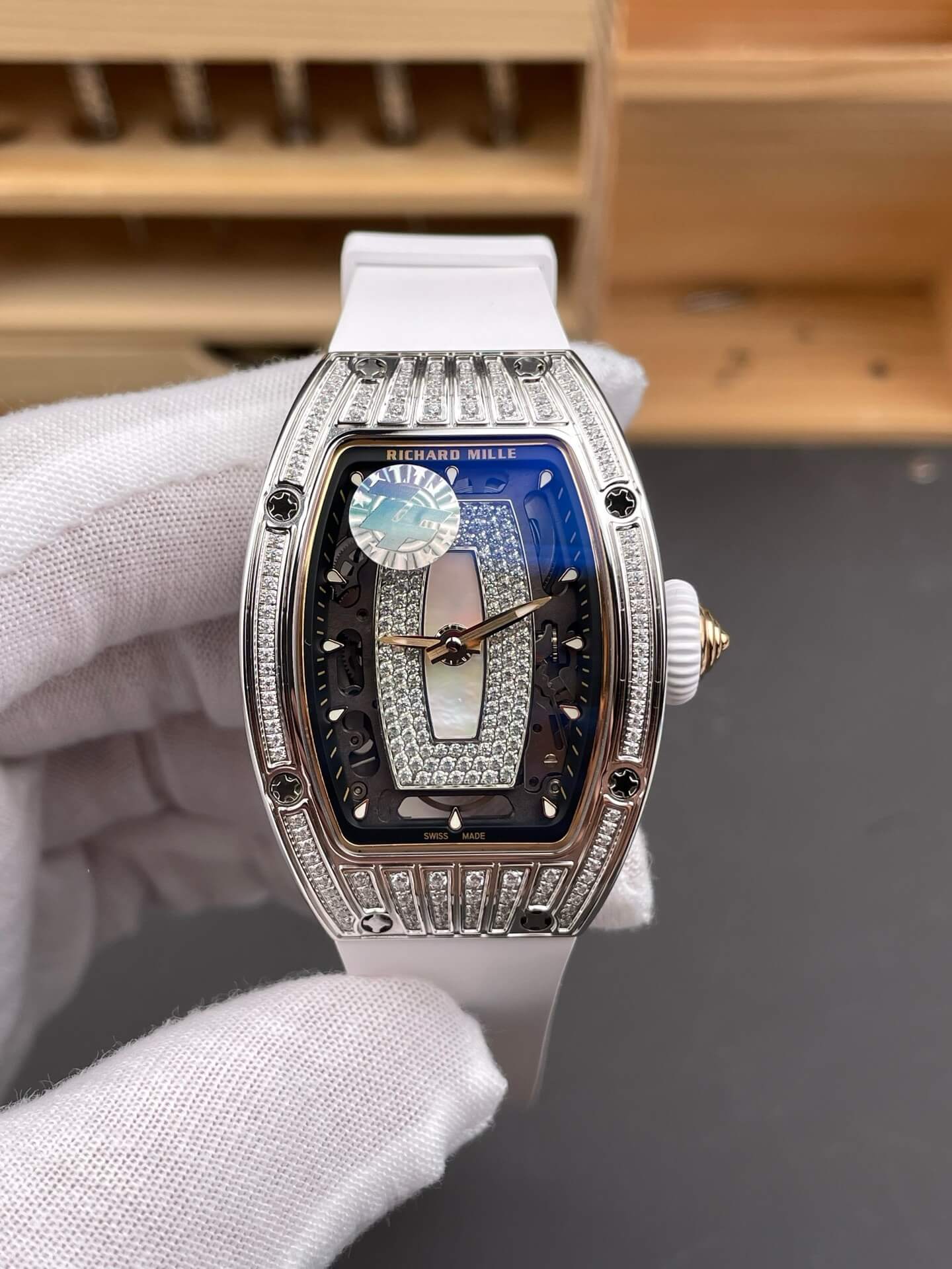 Richard Mille Replica RM 07-01 Super Clone Watch Mother of Pearl Diamonds Dial Grain Setting Stainless Steel White Rubber Crown