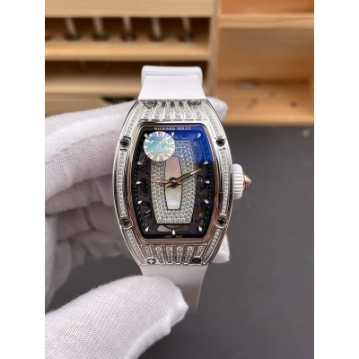 Richard Mille Replica RM 07-01 Super Clone Watch Mother of Pearl Diamonds Dial Grain Setting Stainless Steel White Rubber Crown