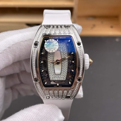 Richard Mille Replica RM 07-01 Super Clone Watch Mother of Pearl Diamonds Dial Grain Setting Stainless Steel White Rubber Crown