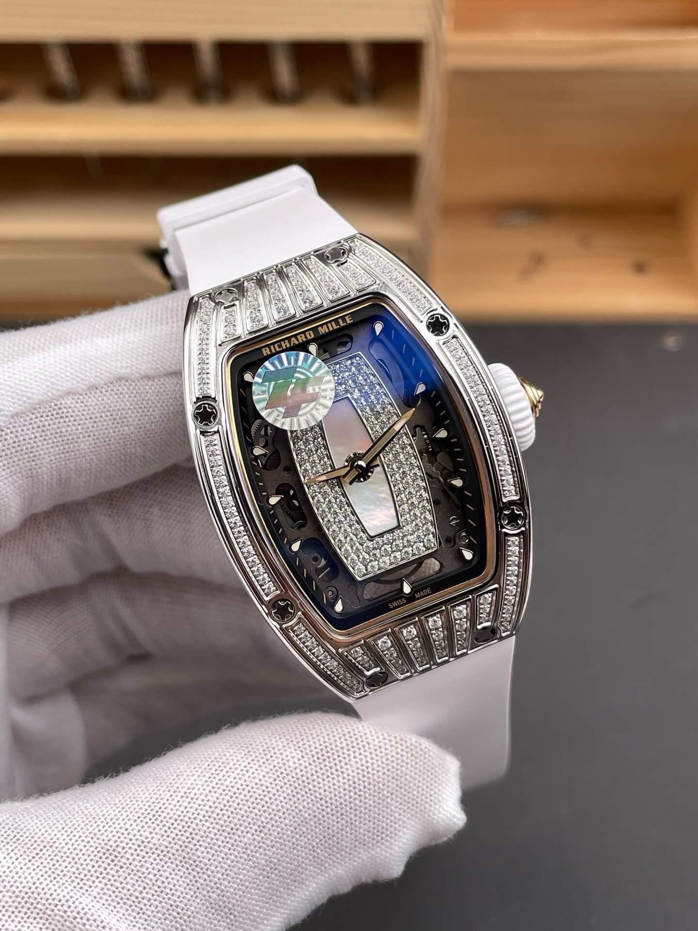 Richard Mille Replica RM 07-01 Super Clone Watch Mother of Pearl Diamonds Dial Grain Setting Stainless Steel White Rubber Crown