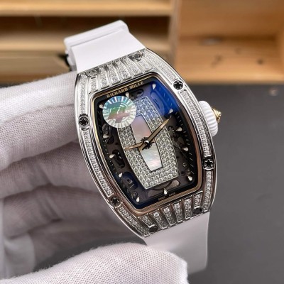 Richard Mille Replica RM 07-01 Super Clone Watch Mother of Pearl Diamonds Dial Grain Setting Stainless Steel White Rubber Crown
