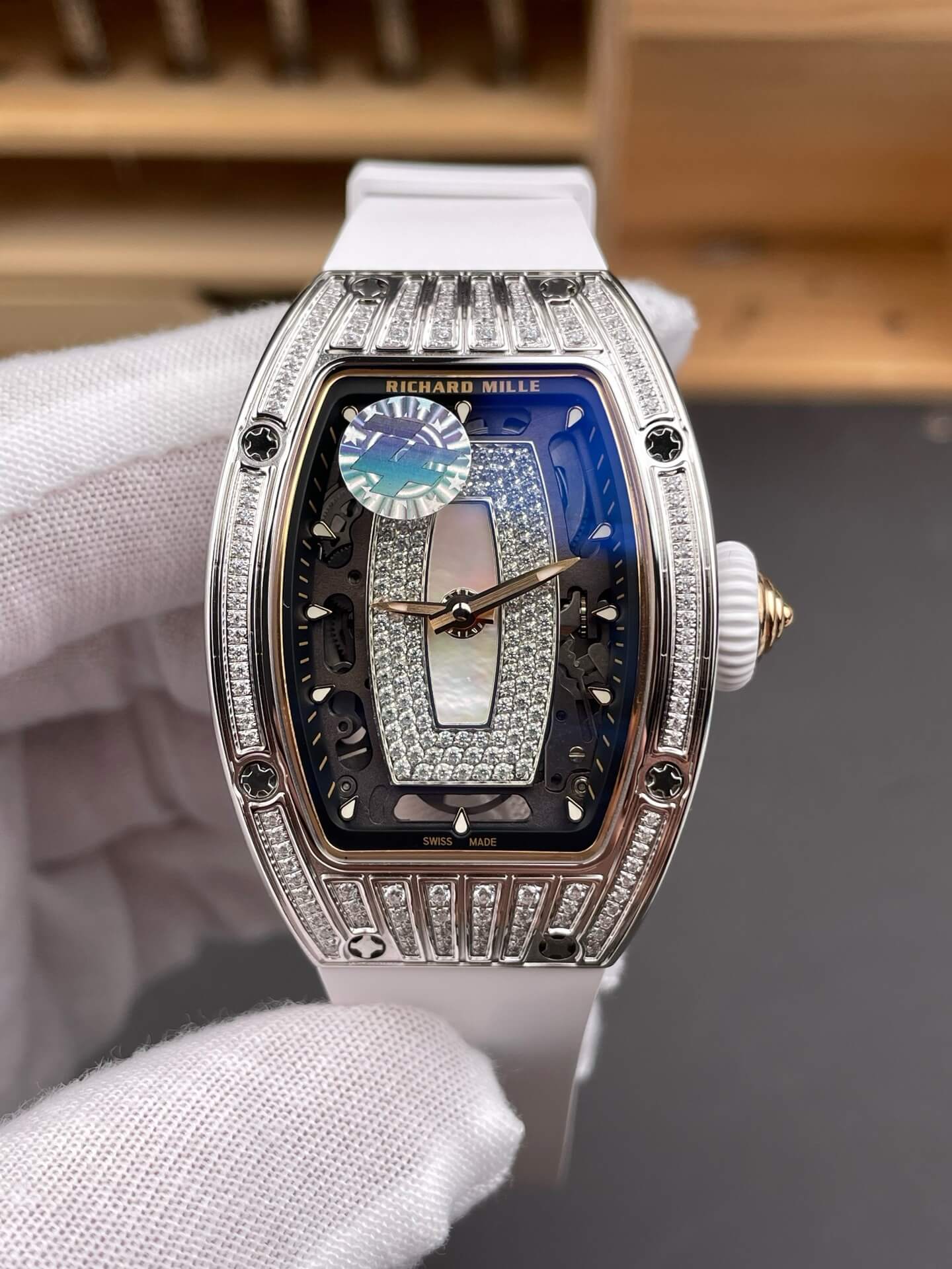 Richard Mille Replica RM 07-01 Super Clone Watch Mother of Pearl Diamonds Dial Grain Setting Stainless Steel White Rubber Crown