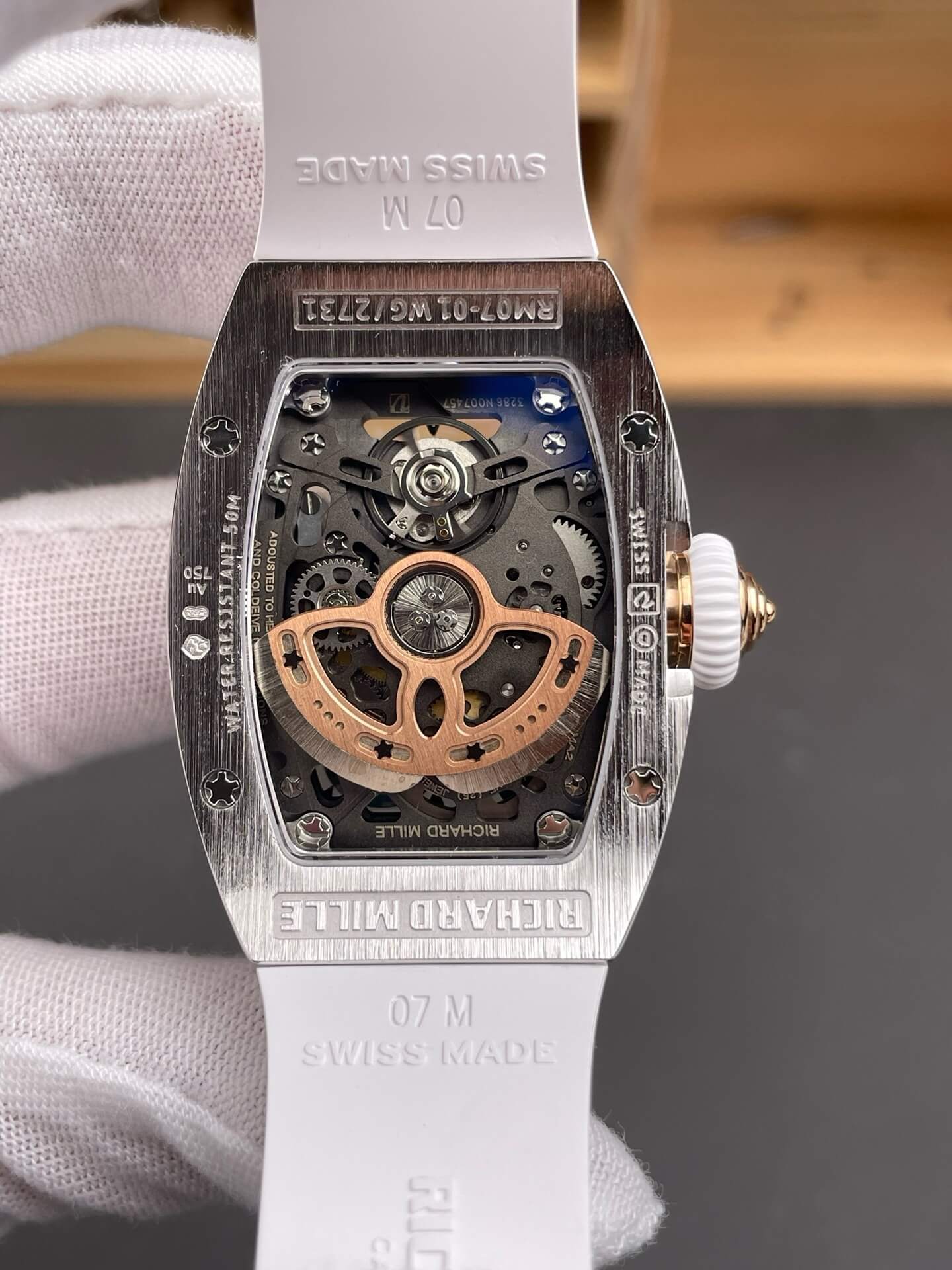 Richard Mille Replica RM 07-01 Super Clone Watch Mother of Pearl Diamonds Dial Grain Setting Stainless Steel White Rubber Crown