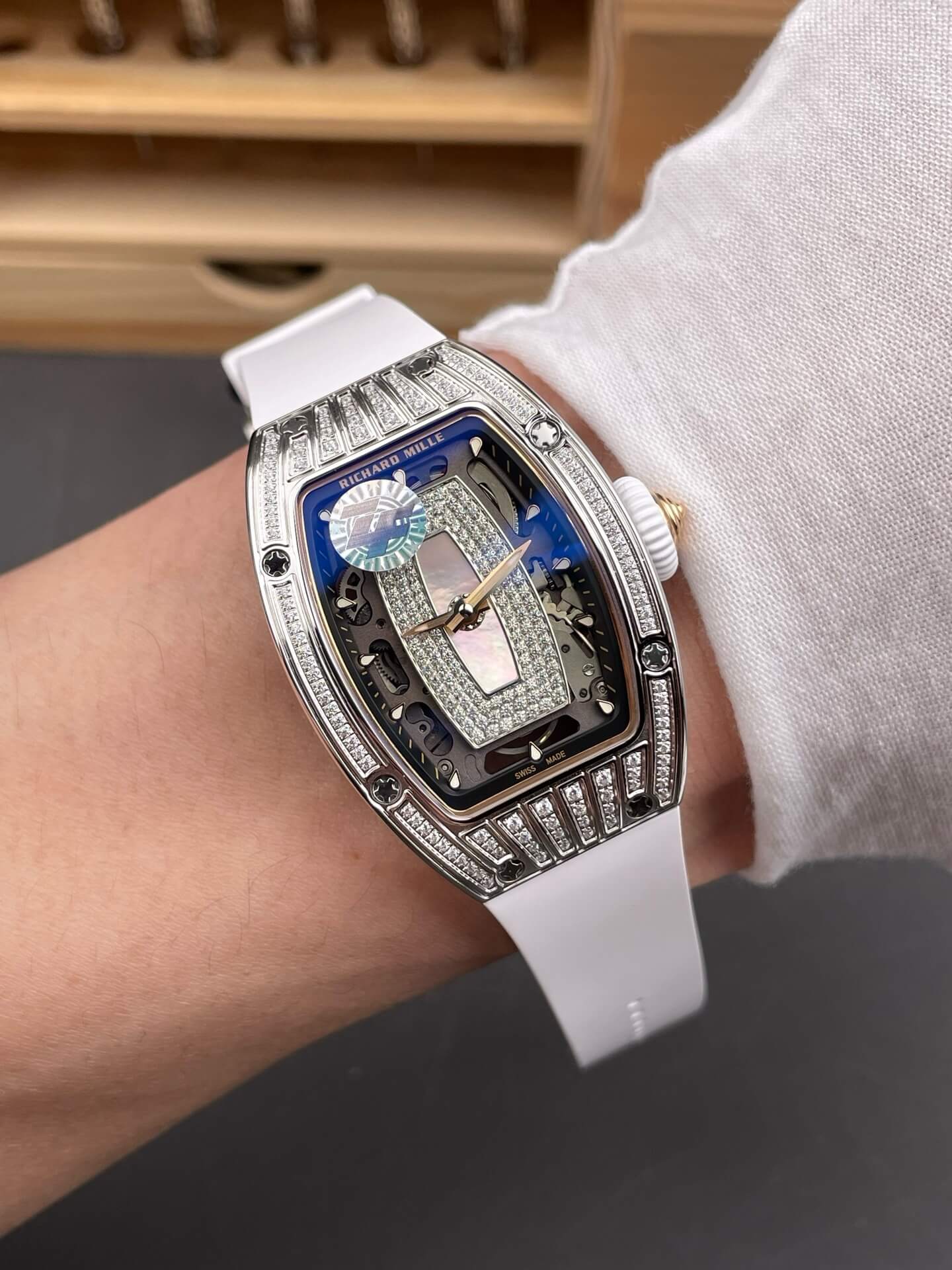 Richard Mille Replica RM 07-01 Super Clone Watch Mother of Pearl Diamonds Dial Grain Setting Stainless Steel White Rubber Crown