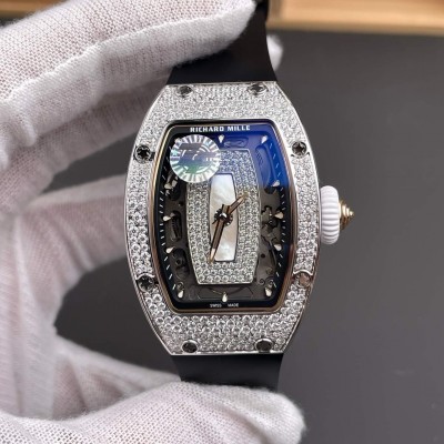 Richard Mille Replica RM 07-01 Super Clone Watch Mother of Pearl Diamonds Dial Snow Setting Stainless Steel Black Rubber White Crown