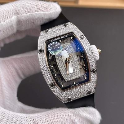 Richard Mille Replica RM 07-01 Super Clone Watch Mother of Pearl Diamonds Dial Snow Setting Stainless Steel Black Rubber White Crown